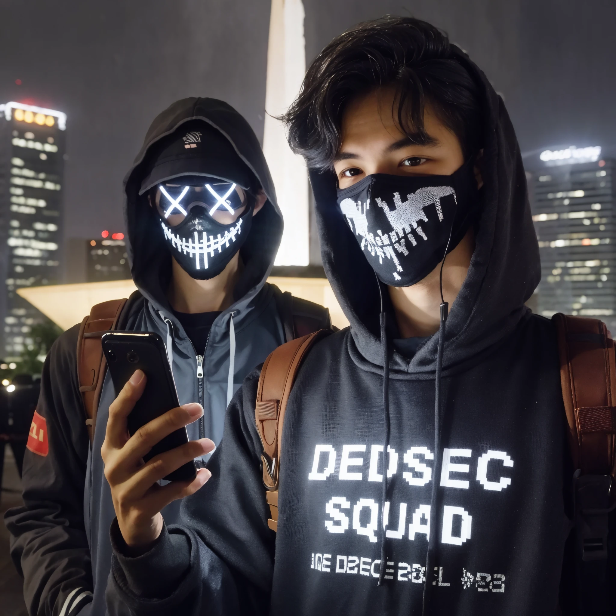 SanX, Standing, wearing mask, man, wearing a black jacket , Short quiff hair, holding cellphone, dedsec