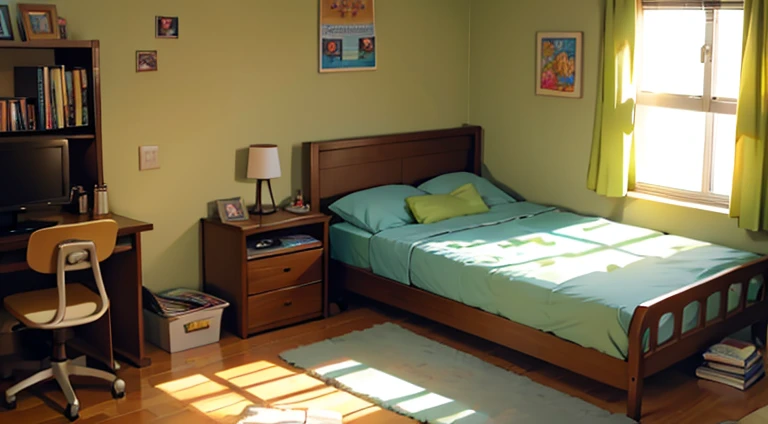 age room with books on the floor, tv, computador, cama com um buldog dormindo, janela com luz do sol