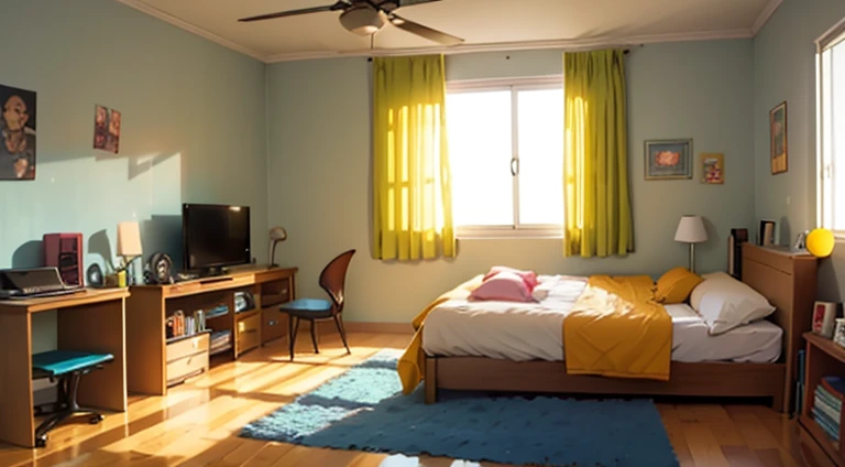 teenage room with books on the floor, tv, computador, cama com um buldog dormindo, janela com luz do sol