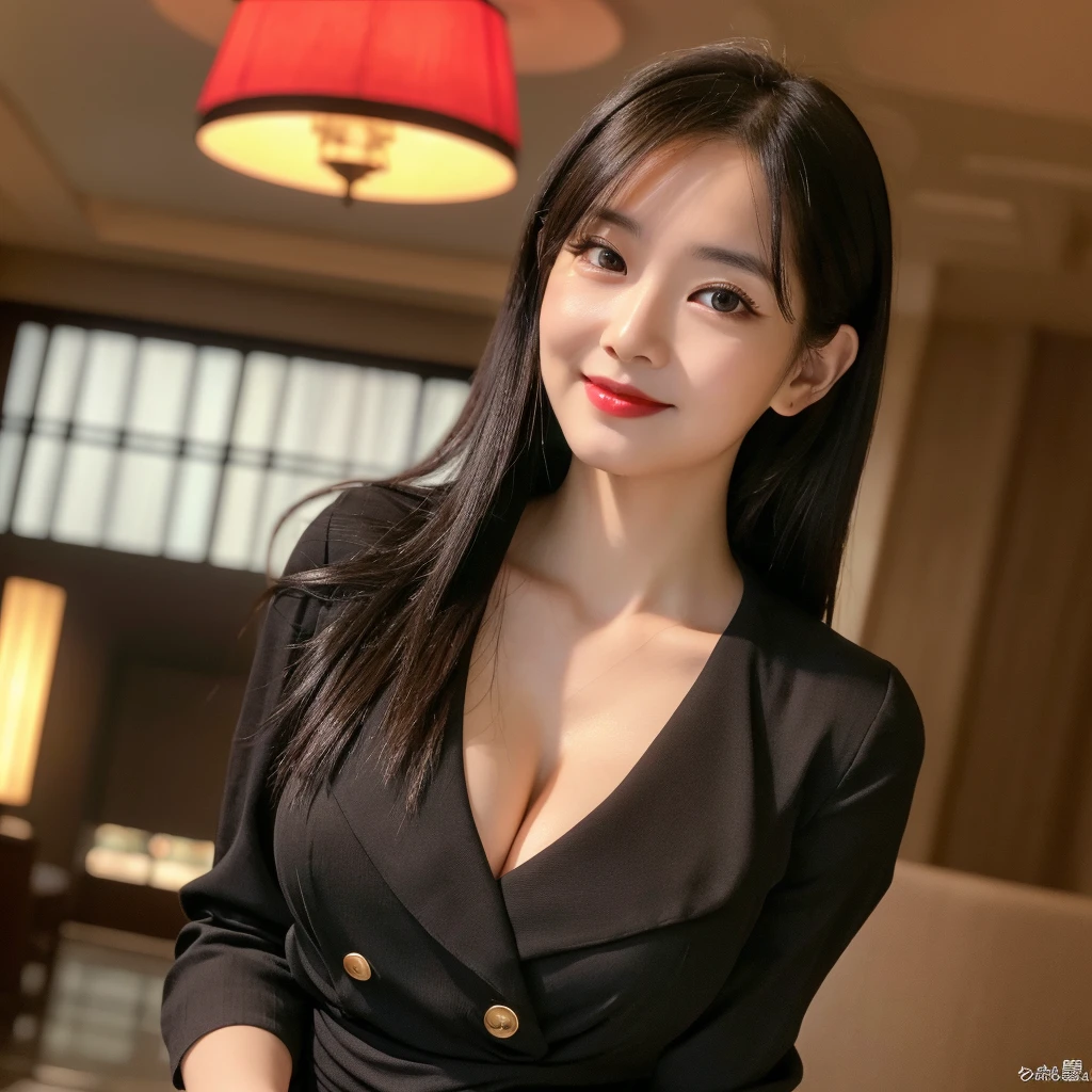 Beautiful face in every detail、Realistic human skin、Gentle expression、((of the highest quality, 8K, masutepiece: 1.3)), Beautiful Girl, pure, Melon face, gentle and cute, Sweet smile, pure lust, Slender body, (front), (Head Tilted), ((looking in camera) ), Try wearing a different colored suit, Black Silky Medium Hair, Long flowing shoulders, round black big eyes, clear big eyes, Moist red lips, Dolce, Turning around, Standing in the hotel lobby, background in a hotel ,(((Shoot from the waist up))), hair messy,a short skirt、huge-breasted, cleavage of the breast、Raw photography、At 8K、top-quality、 超A high resolution、20yr old
