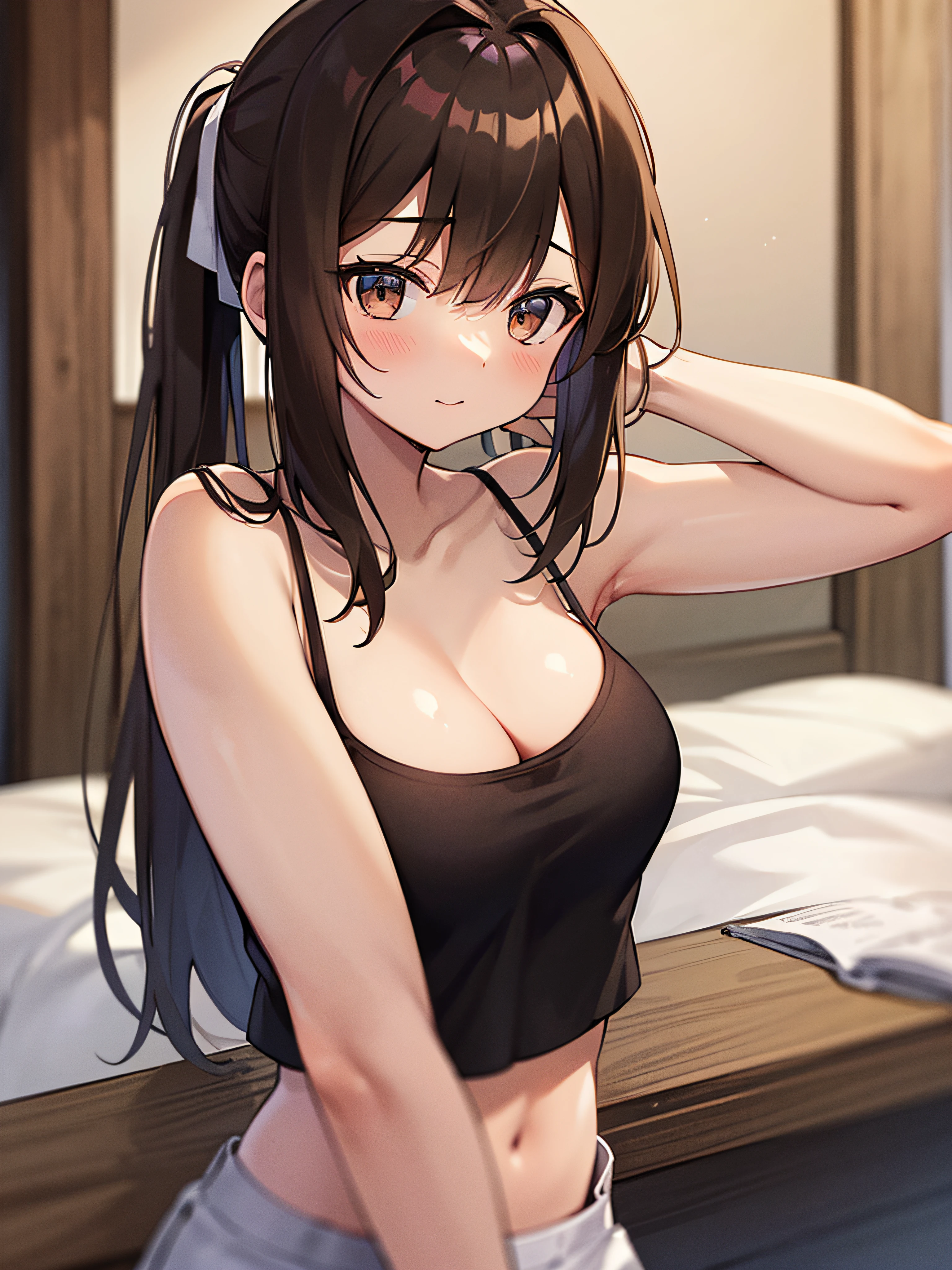 1girl in、As-、Cute underwear、Upper body portrait、Sleeveless、poneyTail、brown haired、Brown-eyed、Long ponytail、M size breasts、High school students、cleavage of the breast、Camisole