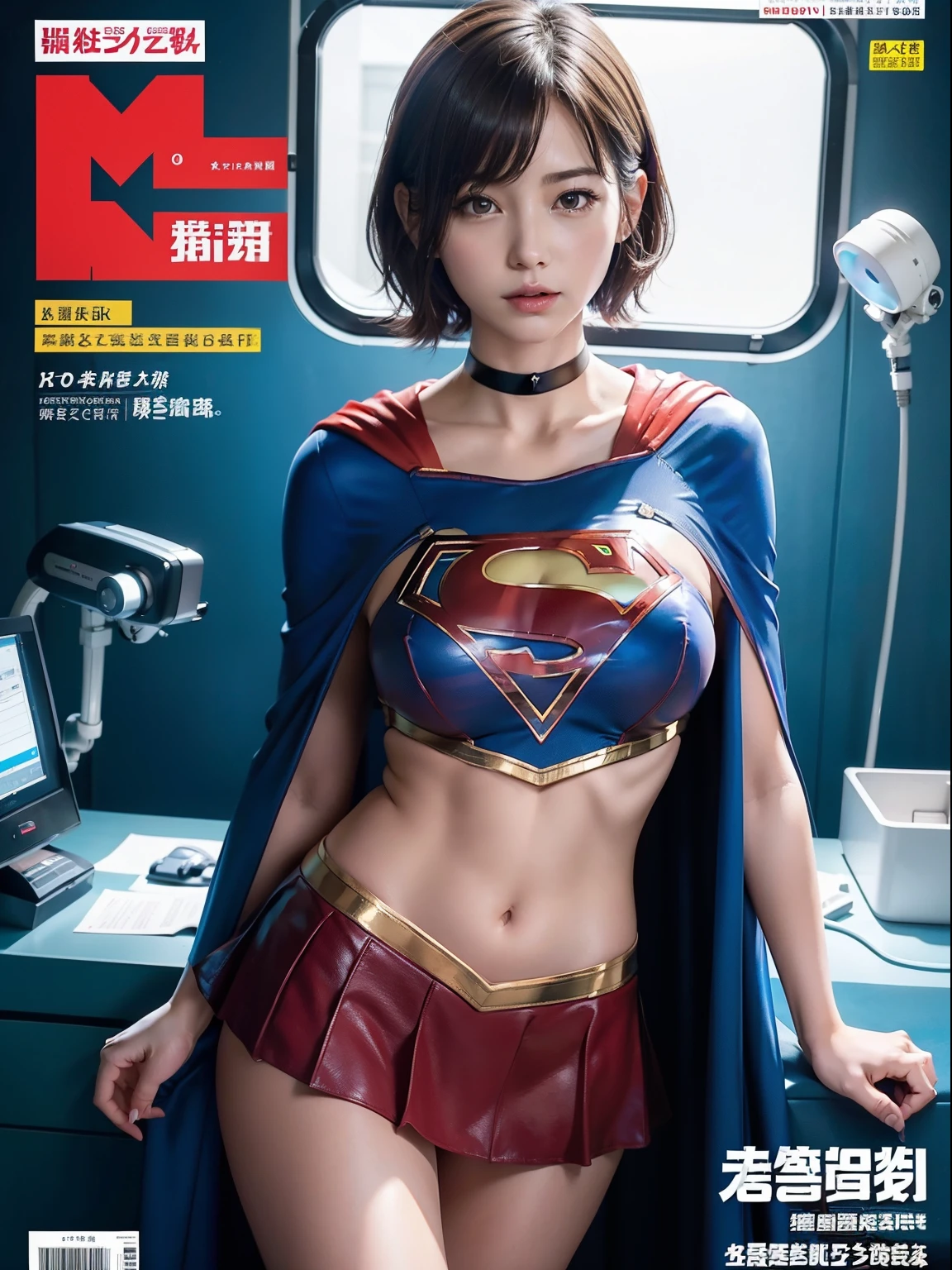 top-quality、​masterpiece,Short-haired Supergirl sleeping in the operating room、Plump breasts、Looking at the camera、a choker、bare-legged、MagazineCover、highleg、a miniskirt、Tight costumes、Puzzled、Large open legs、Obscene、Show a glimpse、Fluttering cloak