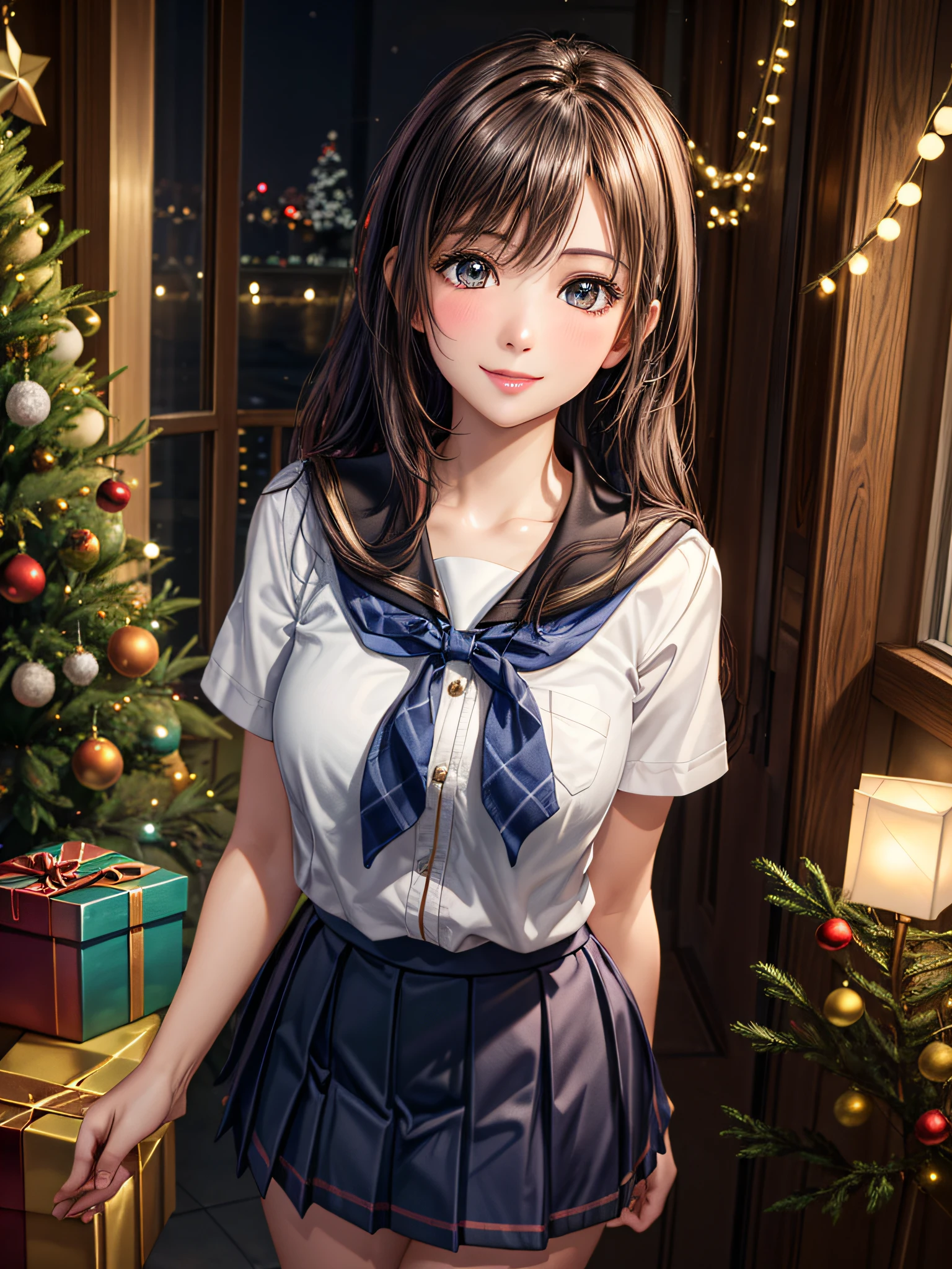 (2girls:1.4), Extremely cute, amazing face and eyes beautiful nice smile), (extremely detailed beautiful face), bright and shiny lips, (School uniform, Pleated skirt:1.3), (Best Quality:1.4), (hyper quality), (Ultra-detailed), (Hyper-realistic, Photorealsitic:1.37), Authentic skin texture, intricate-detail, extremely detailed CG unified 8k wallpaper, RAW Photos, professional photograpy, Cinematic lighting, Exposing, Christmas tree, Christmas Ornaments, Christmas Decorations, Christmas Lights, Christmas Lights,