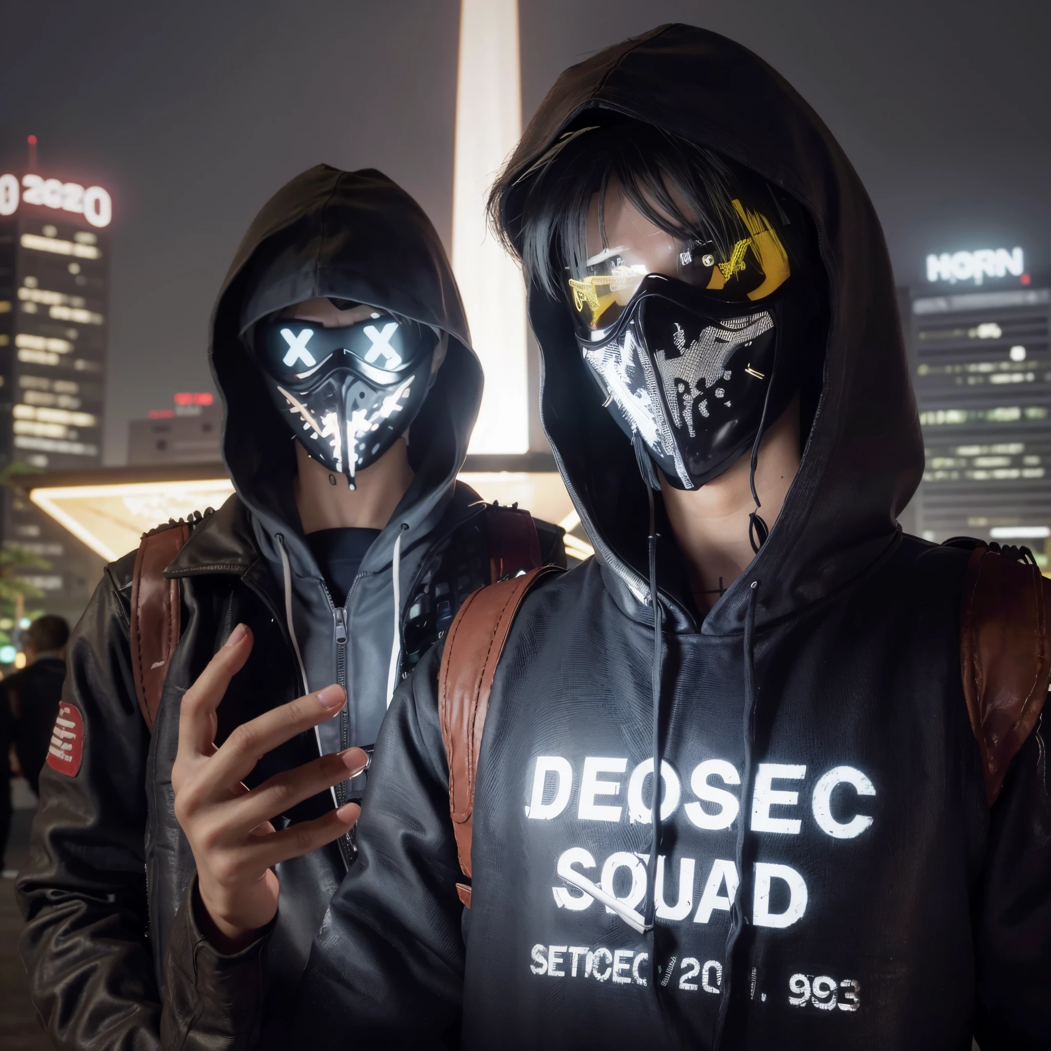 Standing, wearing neon mask, man, wearing a black leather jacket hoody, dedsec