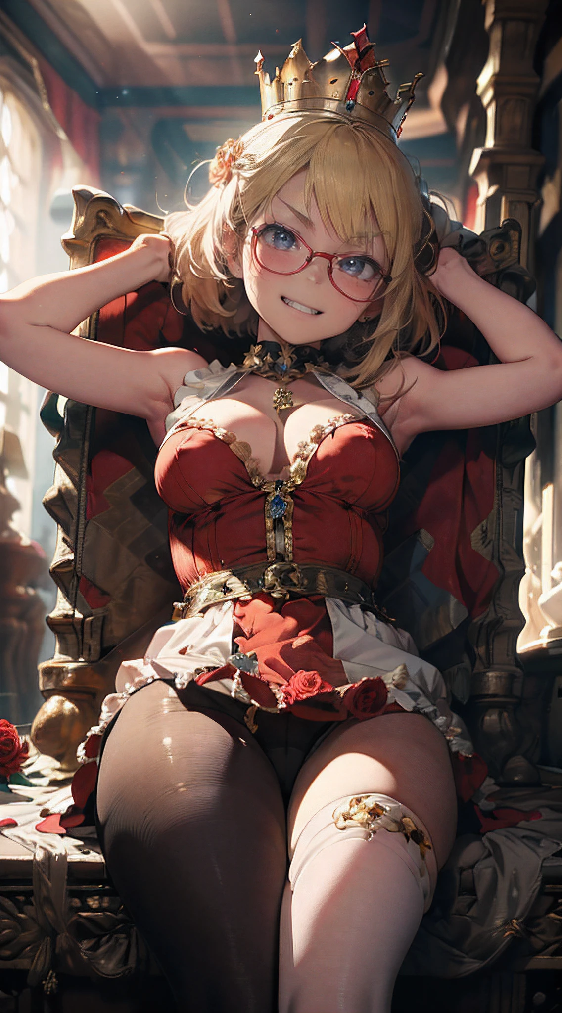 (The highest image quality, master piece:1.2), (Ultra Definition Illustration), (NSFW:1.3), (very cute little queen, student:1.3), (1 girl:1.2), Solo, (shoot from far below:1.3) ,(Condescending look:1.3) NSFW, Sleeveless, Armpits, 双臂在头后, embarrassed, Closed eyes, (Sleeveless luxury queen red dress and roses:1.3), laying on top of bed, Queen Crown, show dirty panties, Full body, Round babylasses, Blonde Short-Cut Hair), (white thigh high pantyhose:1.2), (Evil smile, Spiteful face, Mesgaquismiles), Luxurious palace rooms, Fancy Room, RPG Royale, (Legs spread wide:1.3),