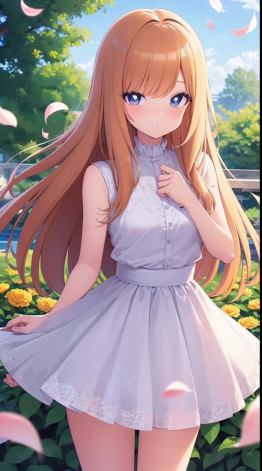 (masterpiece, best quality:1.6), white lace dress, cowboy shot, thighs, beautiful girl, (flowers, many small white petals:1.3), garden, blue sky, looking at viewer, small waist, official art, raw photo, incredibly absurdres, facelight, dynamic lighting, cinematic lighting, ultra realistic, highres, photography, sharp focus, highest detailed, extreme detailed, ultra detailed, finely detail, extremely detailed eyes and face