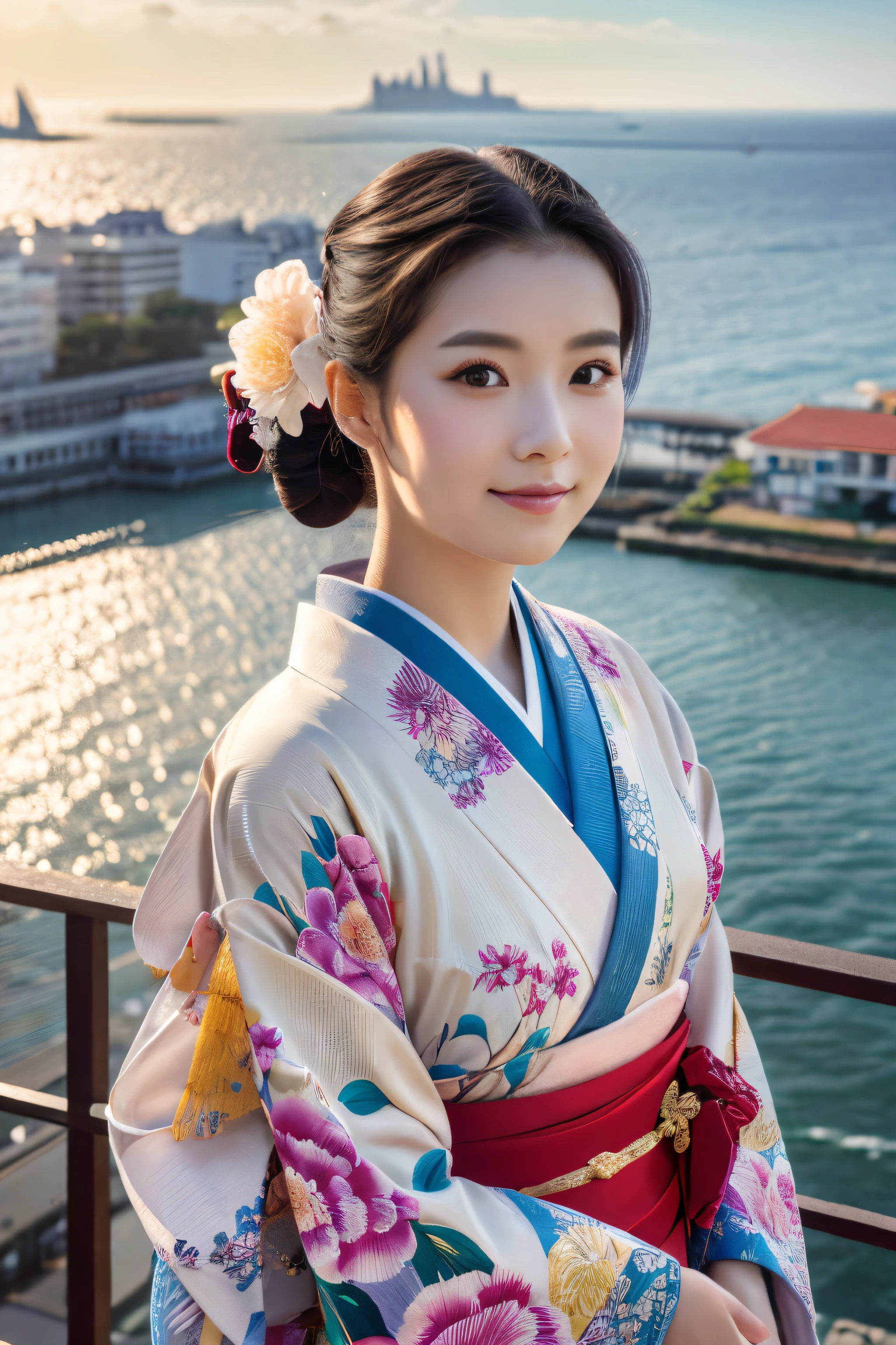 Best Quality, masutepiece,Beautiful kimono,The details of the beautiful woman are very detailed,Beauty details, Detailed background,Woman in beautiful kimono,Full-body high-definition images, Detailed face 1 girl, Beautiful eyes,15 year old girl, a girl with long hair, expressive faces, Kimono, Retro, Rooftop of a building overlooking the sea,　Full body painting,  Beautiful sky, Soft atmosphere,reflection, Naturalistic, detail, Realism. Relaxation, Beauty, Solo Focus, depth of fields,