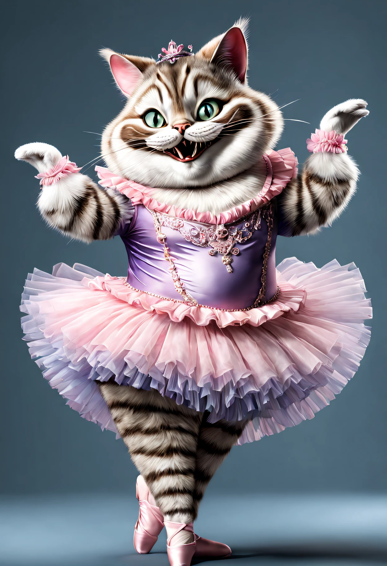 photorealistic portrait of Dressed animals - a fat cheshire cat ballet dancer,( ballet action posing), fluffy body, high quality,(lovely) ,intricate details, highly detailed ((ballet costume)) ,highly detailed tutu, (happy), studio lighting,(full body image:1.5)