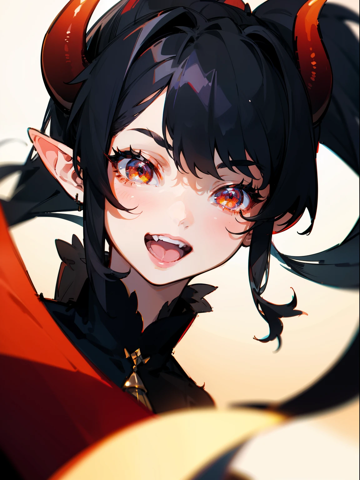 1girl ,20s,mature female,open mouth,smile,black hair,((high ponytail)),long hair,red eyes,pointy ears,horns,from front,portrait