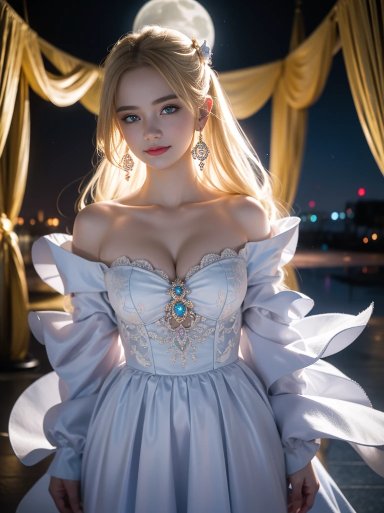 tmasterpiece,Highest image quality,super detailing,Best quality ,Extremely Delicately Beautiful, Very meticulous,Best quality, offcial art, extremely detaild的 CG unified 8k wallpapers, Ana de Armas portrait photo, blond hair blue eyes,Glossy glossy skin, (beautidful eyes:1.1), pretty skin, lamplight, (Detailed lighting:1.2), (Beautiful and detailed light:1.3), Beautiful maid outfit, deep understanding, The beautiful, iintricate, digitial painting, smooth private parts, Focus sharp, The end of the world, Epic reality, (HighDynamicRange:1.4), captivating curves,(pastel colour:1.4), Bigchest,apocalyptic, giving up, com cores neutras, natta, Screen space refraction, (Complicated details, ultra - detailed:1.3), art stations, Cinema lenses, vignet, the complex background, buliding,Enchanted smile,Detailed moon background,Dreamcatcher earrings,
