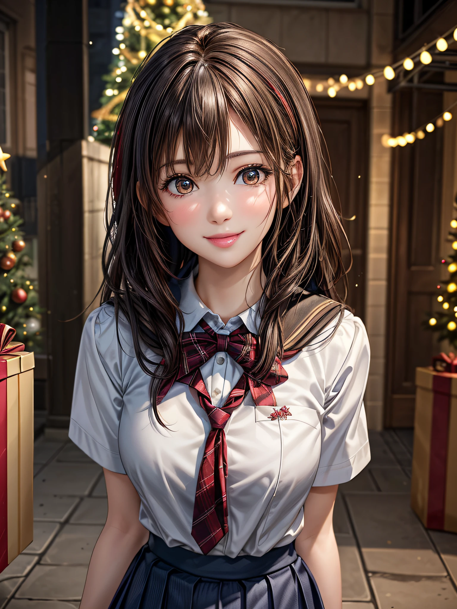 (2girls:1.4), Extremely cute, amazing face and eyes beautiful nice smile), (extremely detailed beautiful face), bright and shiny lips, (School uniform, Pleated skirt:1.3), (Best Quality:1.4), (hyper quality), (Ultra-detailed), (Hyper-realistic, Photorealsitic:1.37), Authentic skin texture, intricate-detail, extremely detailed CG unified 8k wallpaper, RAW Photos, professional photograpy, Cinematic lighting, Exposing, Christmas tree, Christmas Ornaments, Christmas Decorations, Christmas Lights, Christmas Lights,