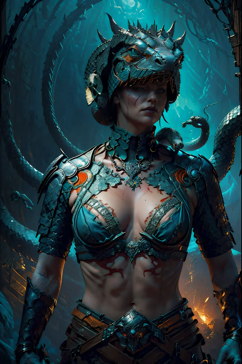 evil, Gothic art, chiaroscuro, tachi-e, projected inset, dutch angle, emphasis lines, masterpiece, ccurate, anatomically correct, highres, best quality, super detail, award winning,D14bl0 style queen of blades,Sarah Louise Kerrigan,(((Snake pupileauitful face,Bigchest,Exposed flesh,Bare chest, female,Epic war fantasy digital art,(greg rutkovsky:0.8), (cyan and orange:0.4),character chart, tachi-e,