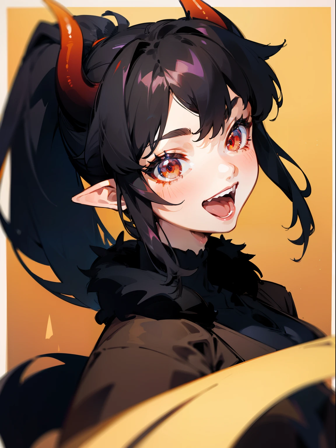 1girl ,20s,mature female,open mouth,smile,black hair,((high ponytail)),long hair,red eyes,pointy ears,horns,from front,portrait