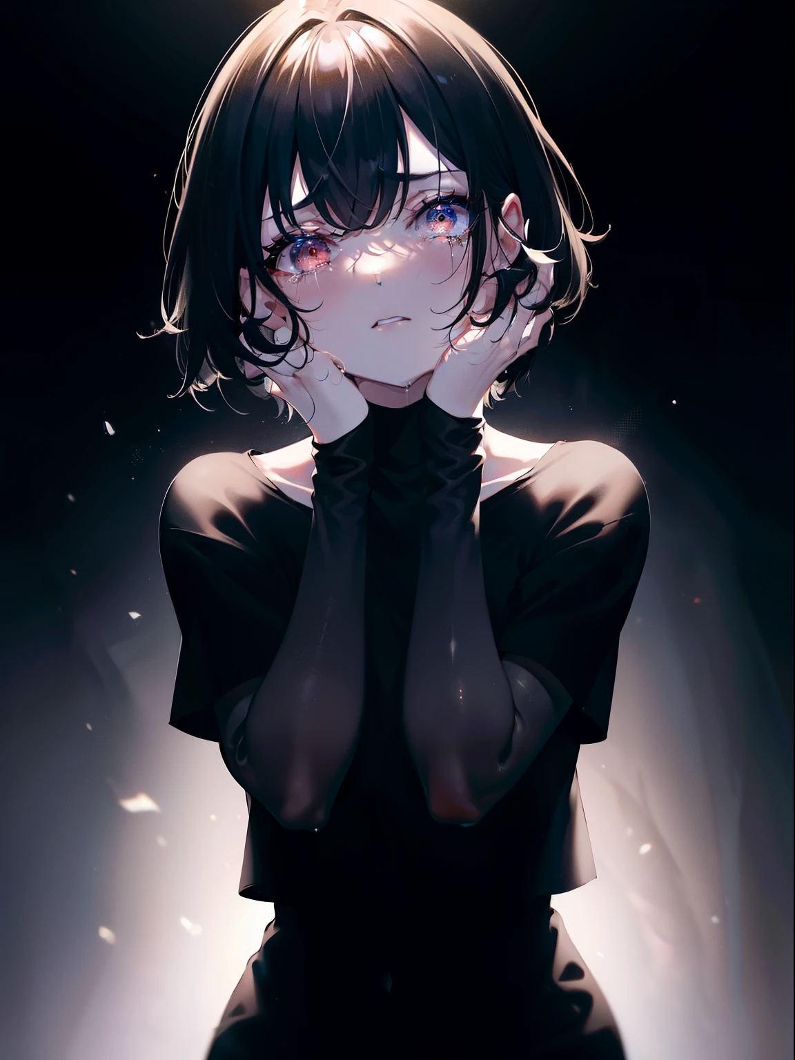 (Obra maestra, La mejor calidad, ultrahigh resolution), 1girl, simple black t-shirt, black hair, bob cut, pale skin, red eyes, glowing_eyes, neon eyes, ultra detailed eyes, beautiful and detailed face, detailed eyes, ((centered, torso view)), (tears), ((wide shot)), facing viewer, eye level, (simple background, black background), ((hands on face)), flat chested