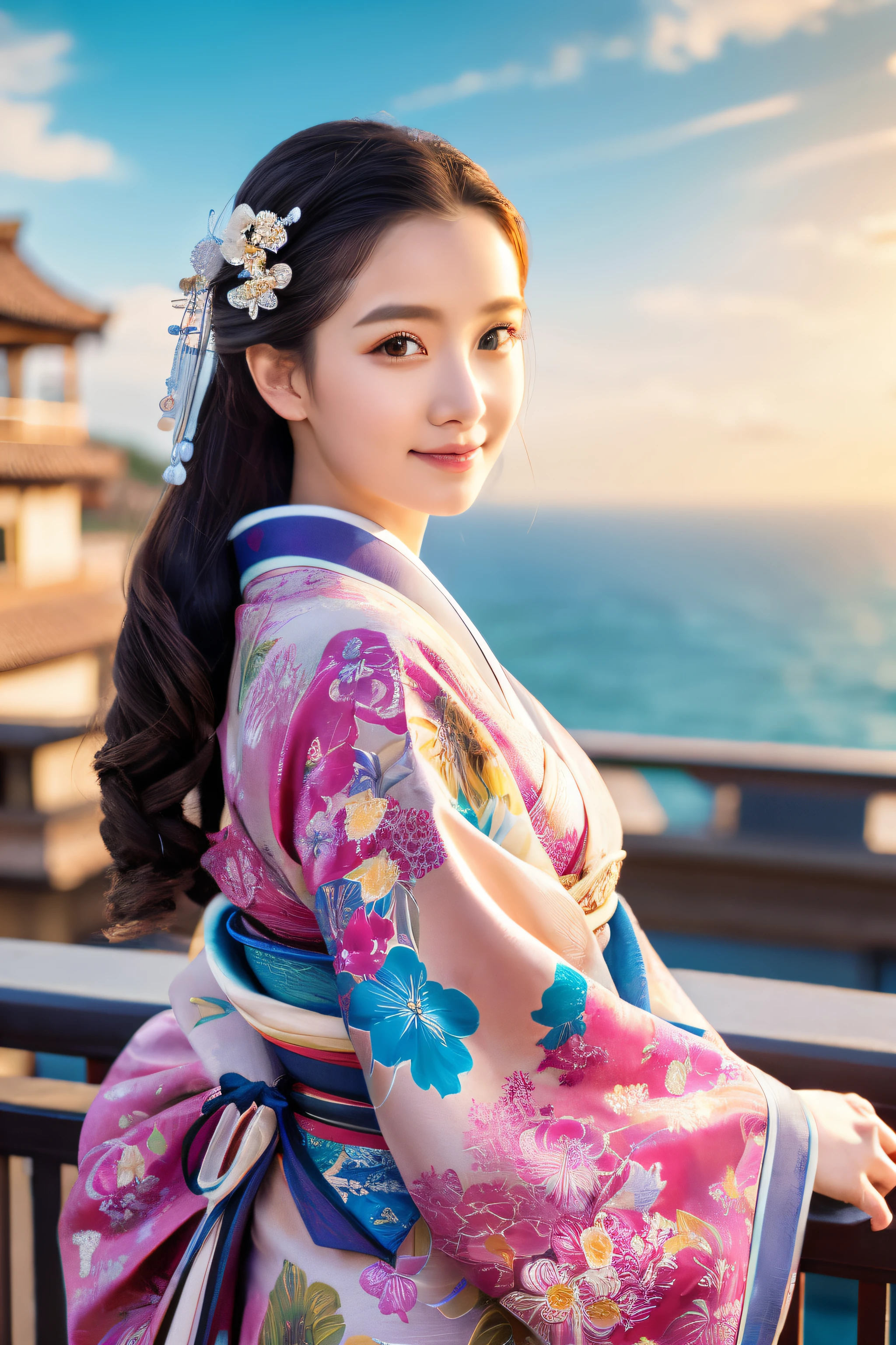 Best Quality, masutepiece,Beautiful kimono,The details of the beautiful woman are very detailed,Beauty details, Detailed background,Woman in beautiful kimono,Full-body high-definition images, Detailed face 1 girl, Beautiful eyes,15 year old girl, a girl with long hair, expressive faces, Kimono, Retro, Rooftop of a building overlooking the sea, Full body painting, Beautiful sky, Soft atmosphere,reflection, Naturalistic, detail, Realism. Relaxation, Beauty, Solo Focus, depth of fields,