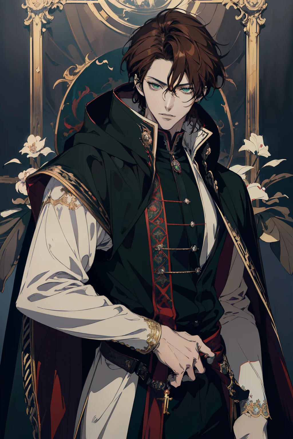 anime drawing of a man Regal , 2 d anime style, male anime style, male anime character, anime style character, delicate, in an anime style, he masterpiece, (absurdres:1.1), best quality, extremely delicate, (beautiful face:1.1), elegant, (great composition), realistic rendering, Dungeons and Dragons, Fantasy, octane rendering, zbrush. Character design, photorealistic, unreal mechanism, hyperdetailed, concept art, trend in art season. ((best quality)), ((masterpiece)), ((realistic)), (detail anime drawing of a man Regal , 2 d anime style, male anime style, (Absurdres, Intricate Details, Masterpiece, Best Quality, High Resolution, 8k), 1 male, masculine, young, aged up, dreadful, finely detailed eyes and face, dark red short mustache hair, hazel eyes, looking down, solo, (full body:0.6), detailed background, detailed face, ( dark fantasy theme: fog, dark atmosphere, , Depth of Field, VFX. (absurdres, highres, ultra detailed vector shaded anime, full detailed beautiful masterpiece, (absurdres:1.1), best quality, extremely delicate, Victorian era badass anime drawing of a man Regal a close up dark cloak cape hood up Victorian era primary colors Black red white beautiful uniform androgynous prince, delicate androgynous prince, handsome guy in demon slayer art, anime key visual of elegant, handsome prince, tall anime guy with blue eyes, inspired by Okumura Masanobu, anime handsome man, male anime character, anime portrait of a handsome man, key anime art full body shot brown hair Green eyes solider cold look intimidating mature young regal knight FAKE RIGHT ARM PROSTHETIC