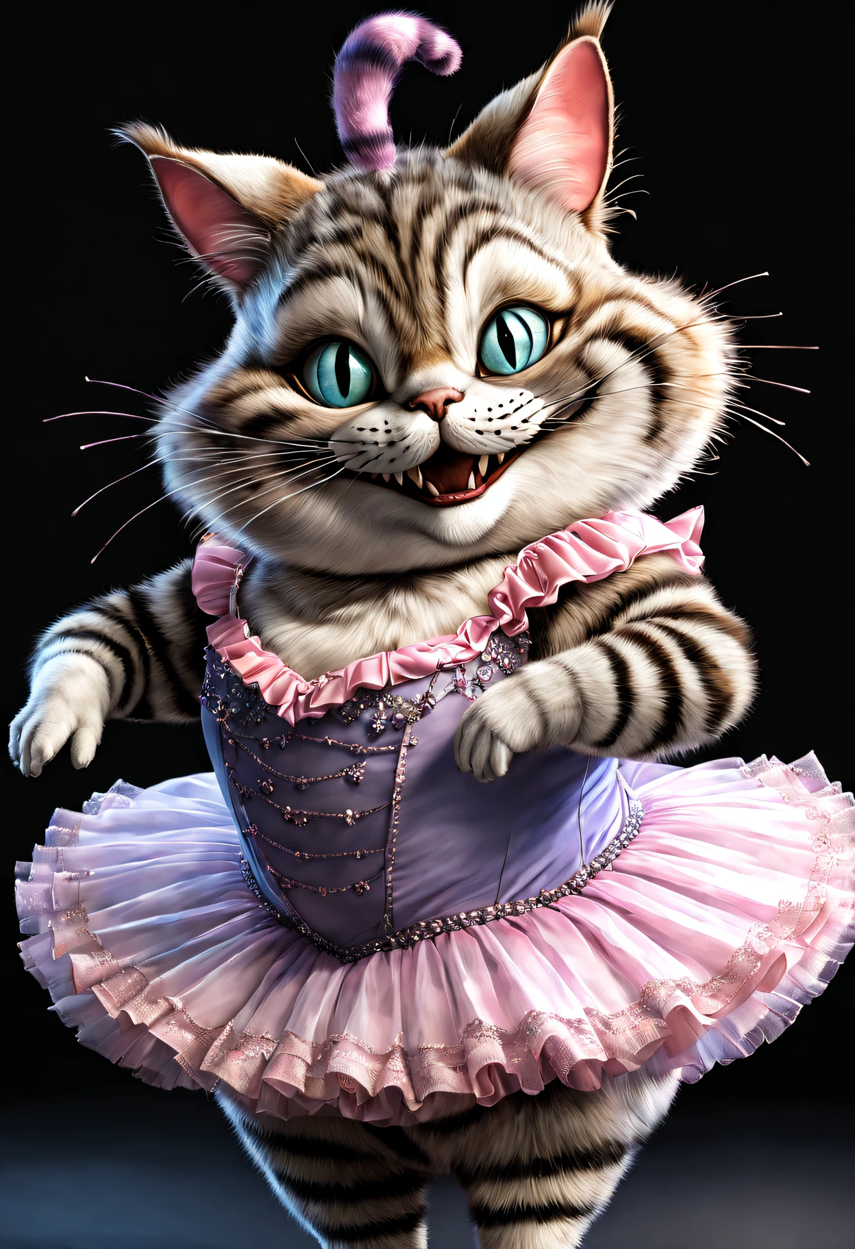 photorealistic portrait of Dressed animals - a fat cheshire cat ballet dancer,( ballet action posing), fluffy body, high quality,(lovely) ,intricate details, highly detailed ((ballet costume)) ,highly detailed tutu, (happy), studio lighting,(full body image:1.5)