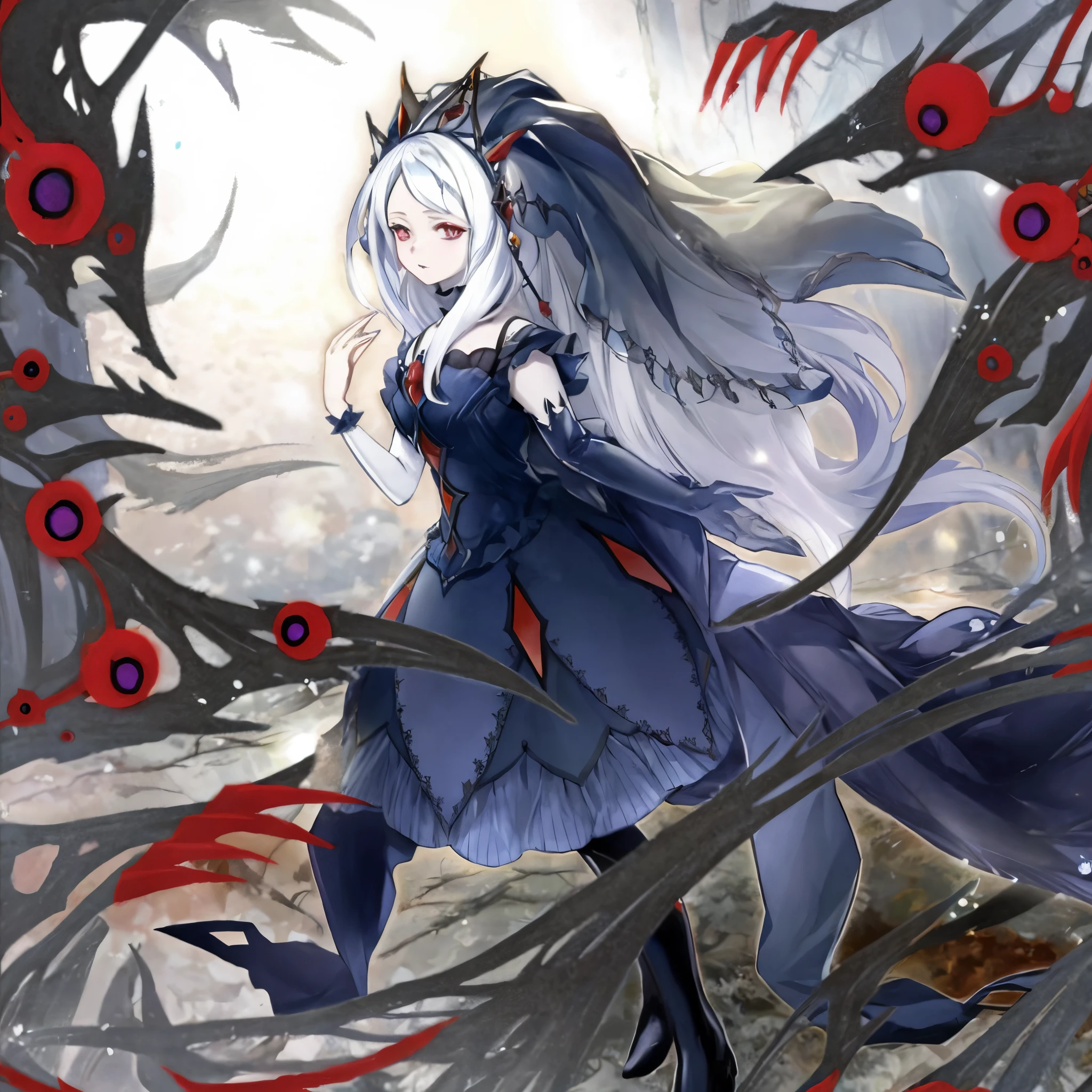 garota anime com longos cabelos brancos e vestido azul andando por uma floresta, gothic maiden anime girl, menina monstro anime, de arknights, divindade de cabelos brancos, menina anime demon, Vencedor do concurso Pixiv, Arte Zerochan, Pixiv, trending on artstation pixiv, anime de fantasia bonito, raposa branca vampiro, night core, anime fantasy illustration, arte de fantasia de anime