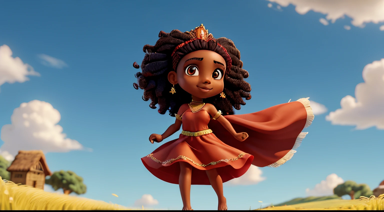 a black woman in her 30s, with a long red skirt and a red top and a crown, barefoot, with winds around her legs, wearing a beaded necklace, holding a scimitar, in an open field