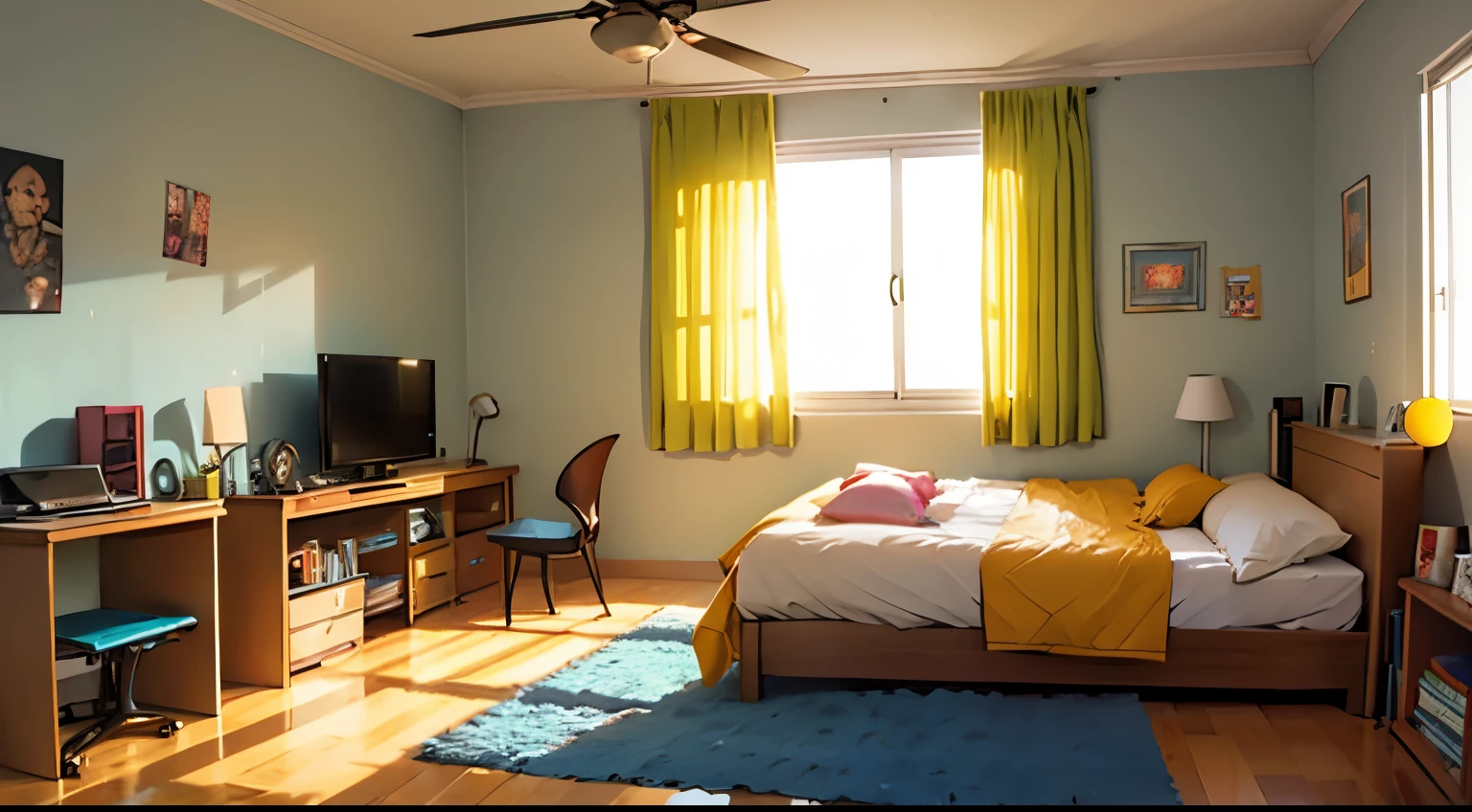 age room with books on the floor, tv, computador, cama com um buldog dormindo, janela com luz do sol
