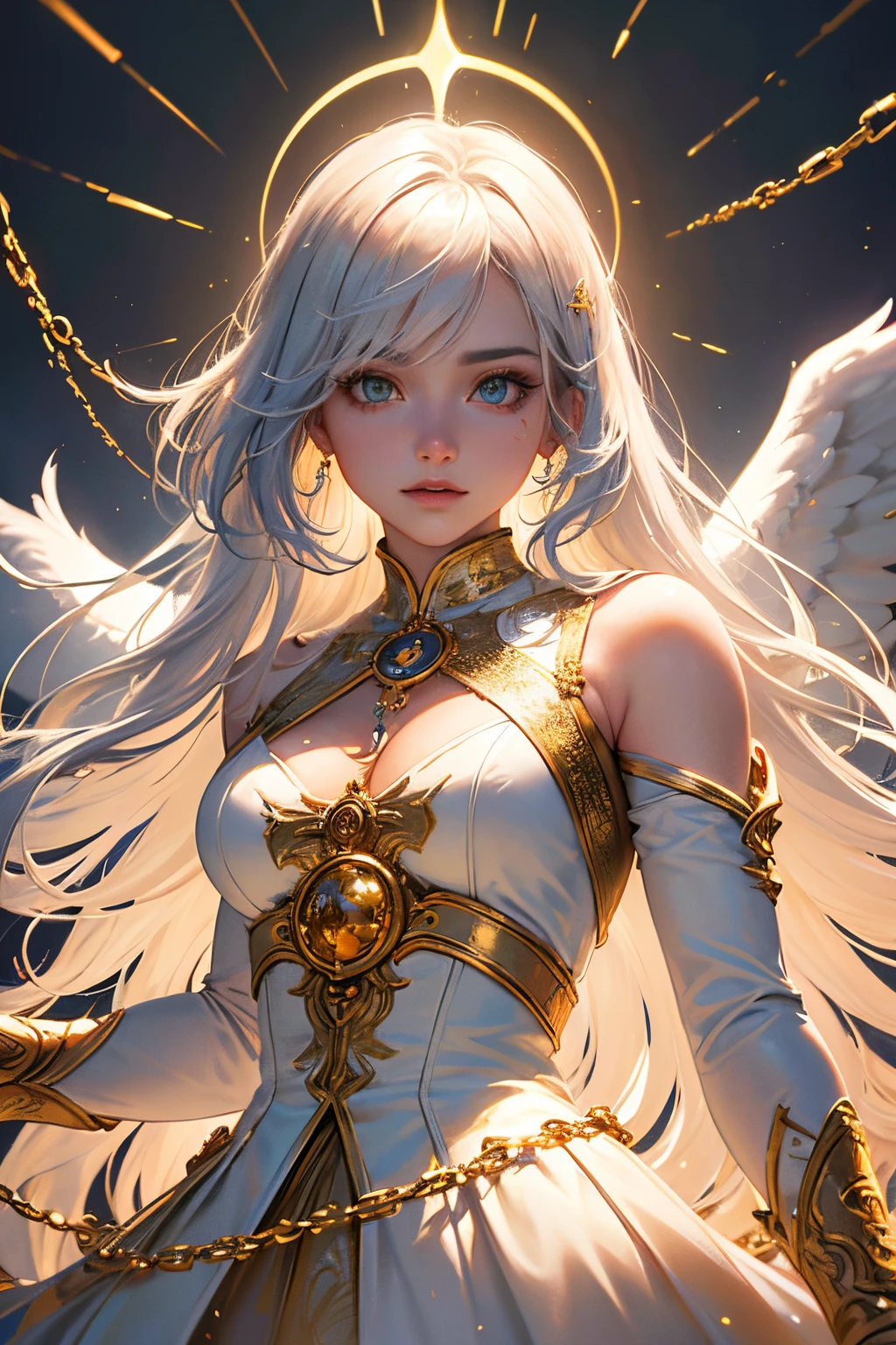 (Masterpiece:1.2), best quality, (illustration:1.2), ornate decorationasterfully crafted Glow, lens flare), (ultra-detailed), hyper details, (delicate detailed), (intricate details), (cinematic light, best quality Backlightioluminescent hair), (glowing eyes), (Dynamic:1.2), ((makeup)), absolutely eye-catching, prehistoric,((colourful paint splashes on background, dulux,)), ((caustic)), dynamic angle, (Captivating),(Intricately Detailed Cinematic :1.1), ambient occlusion, ambient light, ray-traced reflectionest illumination, an extremely delicate and beautiful), ((cinematic light)), colourful, powerful, (Cinematic masterpiece),big dreamy eyes, perfect proportions, perfectly drawn face, Albedo, white hair, chains, comfortable, Intense, day, Golden sky, Inticing, illustration, Angels everywhere, yellow eyes, red roses, chains, splashes of colour, smooth soft skin, Golden Hour, atmospheric, Park, Fields, Bullets, Breath-taking, ambient light coming from sky, soft warm glow coming from chains, god rays, halo, beautiful intricate coloured hair, symmetrical, soft lighting, , concept art, digital painting, looking into scenery, realistic reflections, tracers everywhere