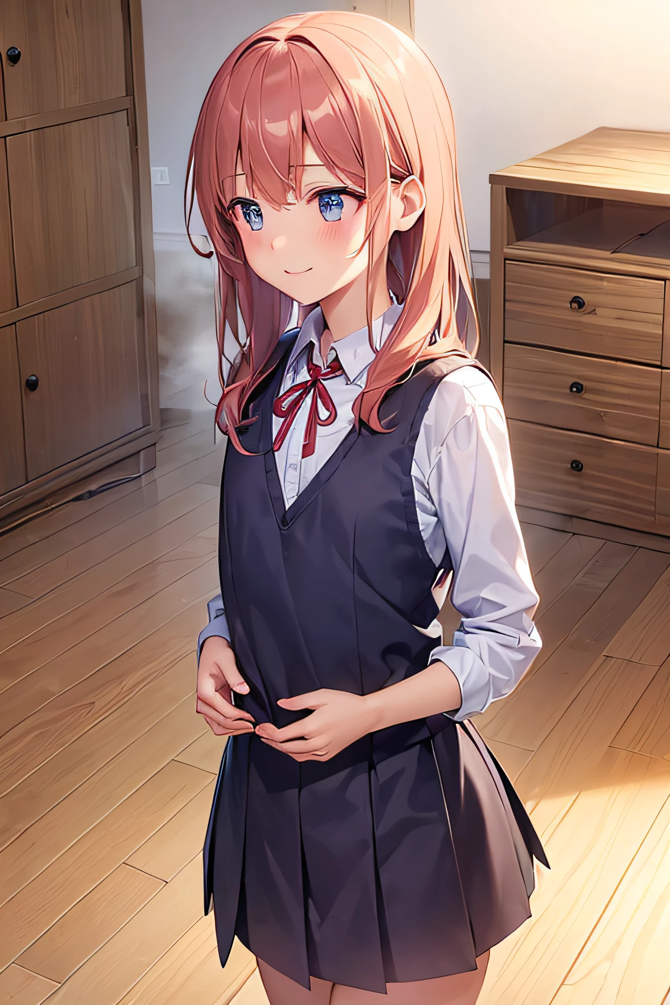 masutepiece,Best Quality,超A high resolution, 8K,Professional Lighting, Photon mapping, analogue, handdraw, Anime Face, superfine illustration, Best Quality、 Beautiful skin、(flat chest:1.1)、((Two girls:1.5))、(Wooden flooring:1.8)、(node、wooden storage rack:1.8)、((Looking away:1.8))、 Happy smile、(School Uniforms、Open the front of the shirt:1.5)、(pantiy:1.8)、((tiny chest:1.5)、Same perspective:1.8、(Fog:1.6)、(((deep in the night)))