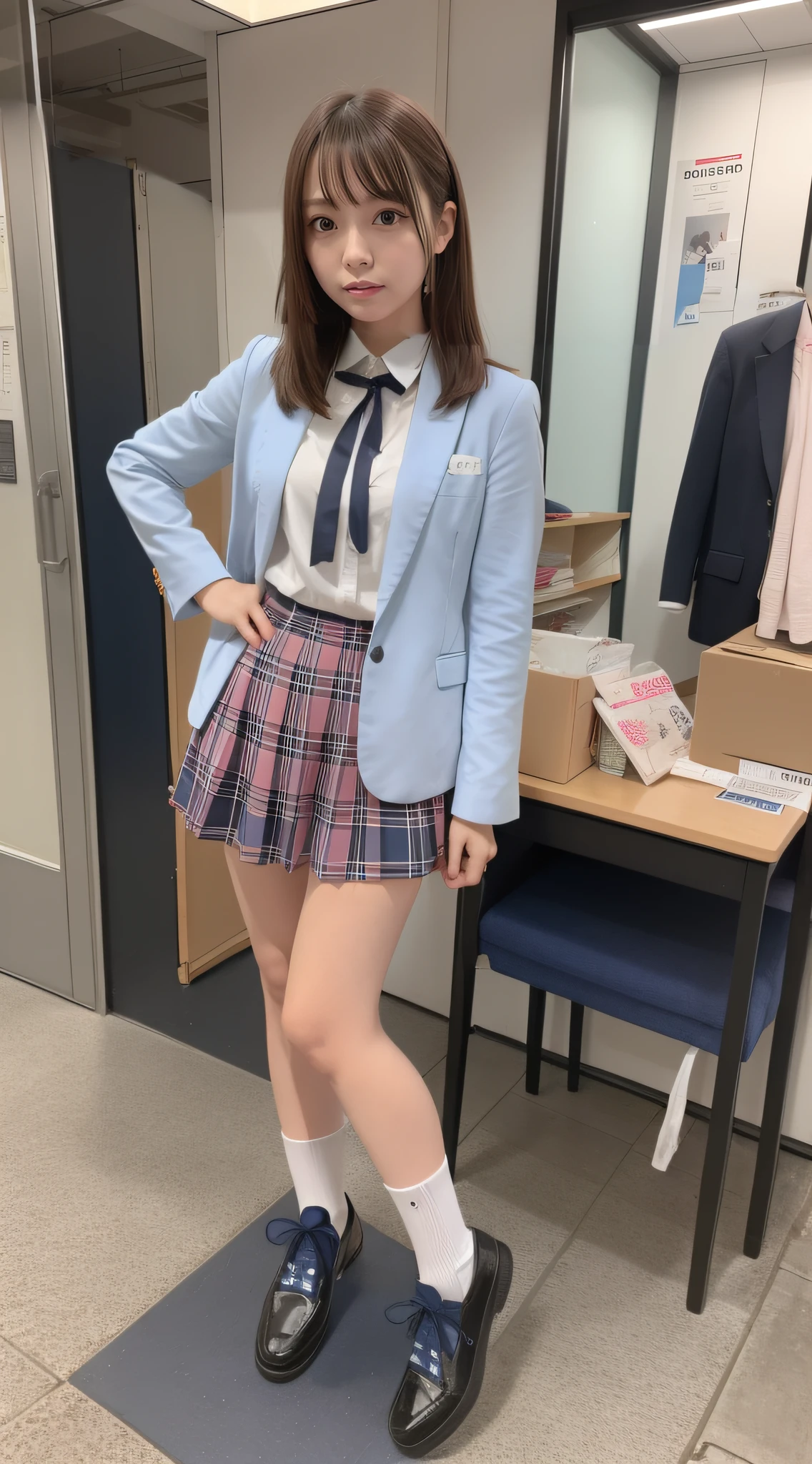 student clothes ,blazers ,Long sleeve shirt worn by Japan high school girl ,Ribbon Ties ,Dark blue mini skirt, Dark blue socks, Black loafers