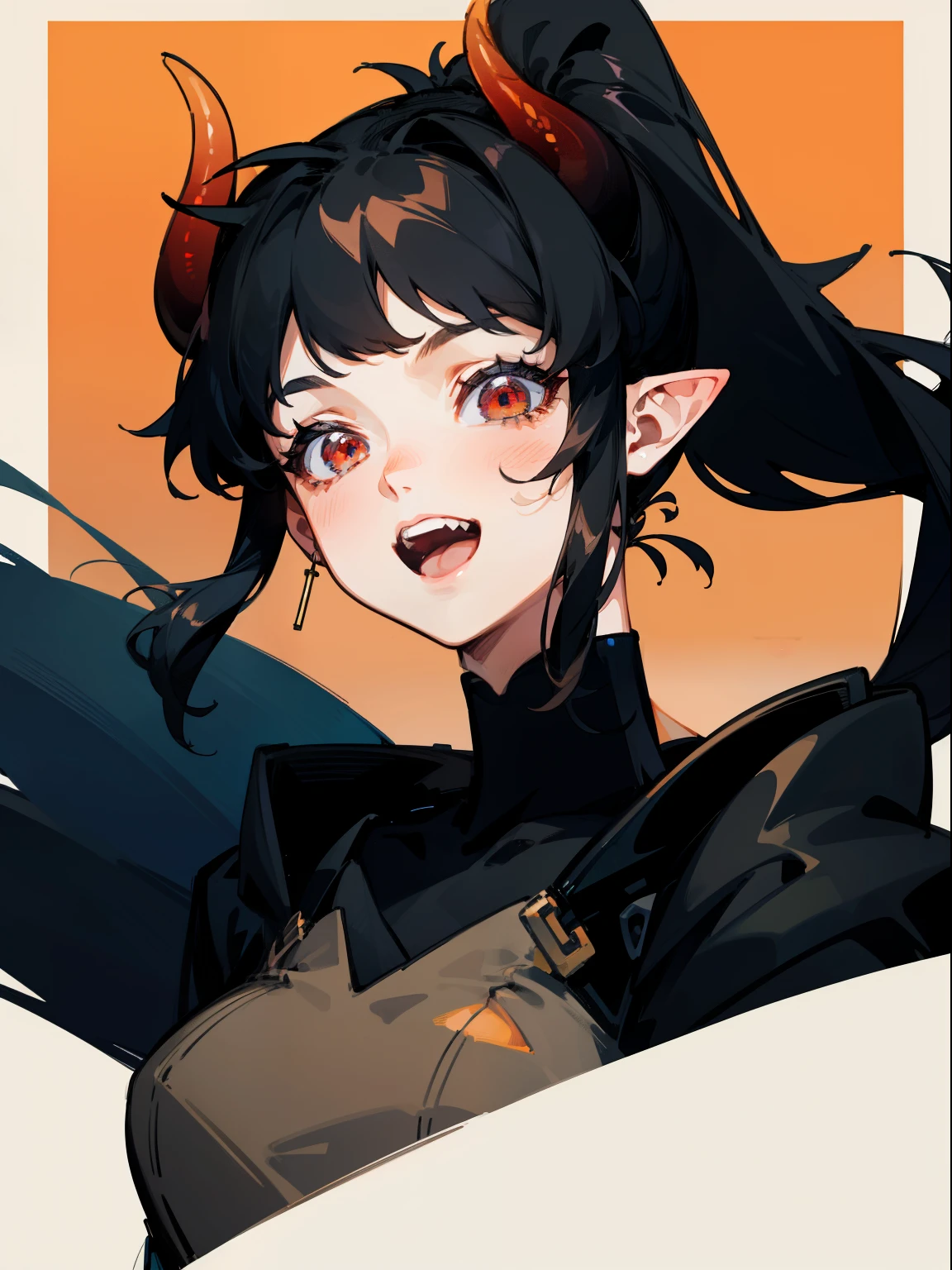 1girl ,20s,mature female,open mouth,smile,black hair,((high ponytail)),long hair,red eyes,pointy ears,horns,from front,portrait