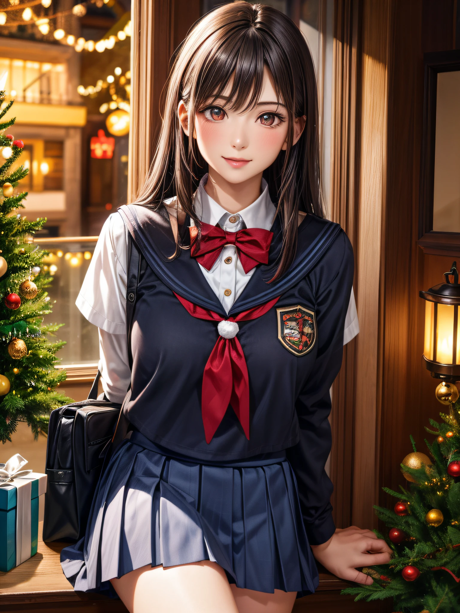 (2girls:1.4), Extremely cute, amazing face and eyes beautiful nice smile), (extremely detailed beautiful face), bright and shiny lips, (School uniform, Pleated skirt:1.3), (Best Quality:1.4), (hyper quality), (Ultra-detailed), (Hyper-realistic, Photorealsitic:1.37), Authentic skin texture, intricate-detail, extremely detailed CG unified 8k wallpaper, RAW Photos, professional photograpy, Cinematic lighting, Exposing, Christmas tree, Christmas Ornaments, Christmas Decorations, Christmas Lights, Christmas Lights,