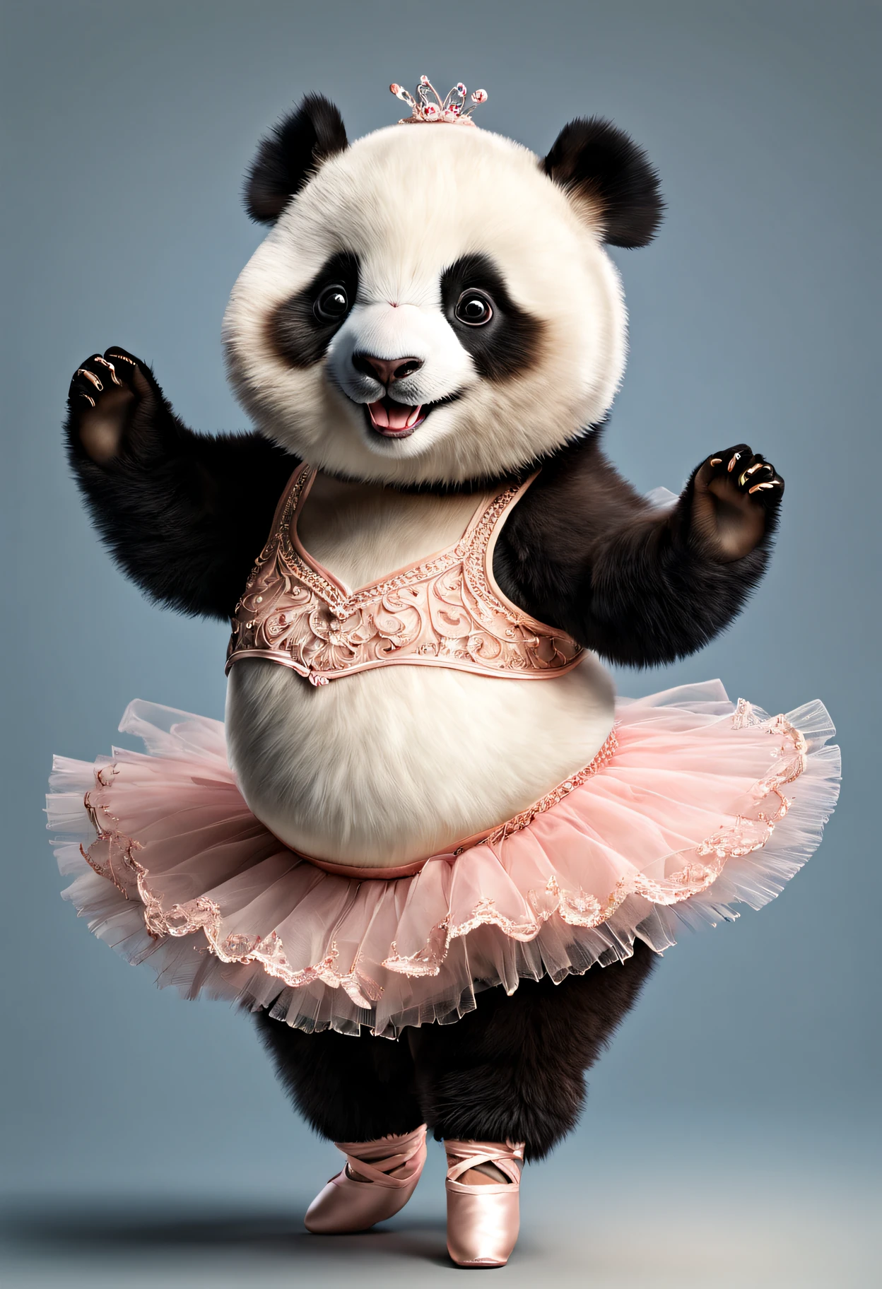 photorealistic portrait of Dressed animals - a fat panda ballet dancer,( ballet action posing), fluffy body, high quality,(lovely) ,intricate details, highly detailed ((ballet costume)) ,highly detailed tutu, pointe shoes, (happy), studio lighting,(full body image:1.5)