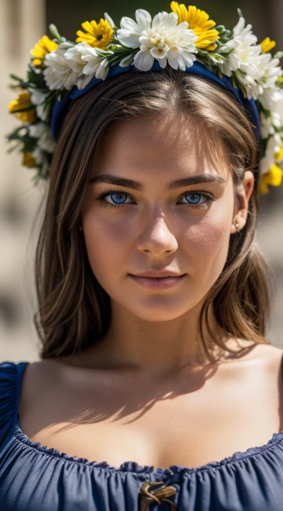 Close-up shot, 55mm canon lens, volumetric lighting, Fujifilm XT3 lens, upper body portrait, a young white woman, light skin, blue eyes, muscular, big breasts, happy facial expression, 18 years old, light brown hair, short hair, wreath on head, wearing colorful victorian dress ((underboob)), Italian palace in the background, midday, high resolution image, detailed texture, realistic depth of field.