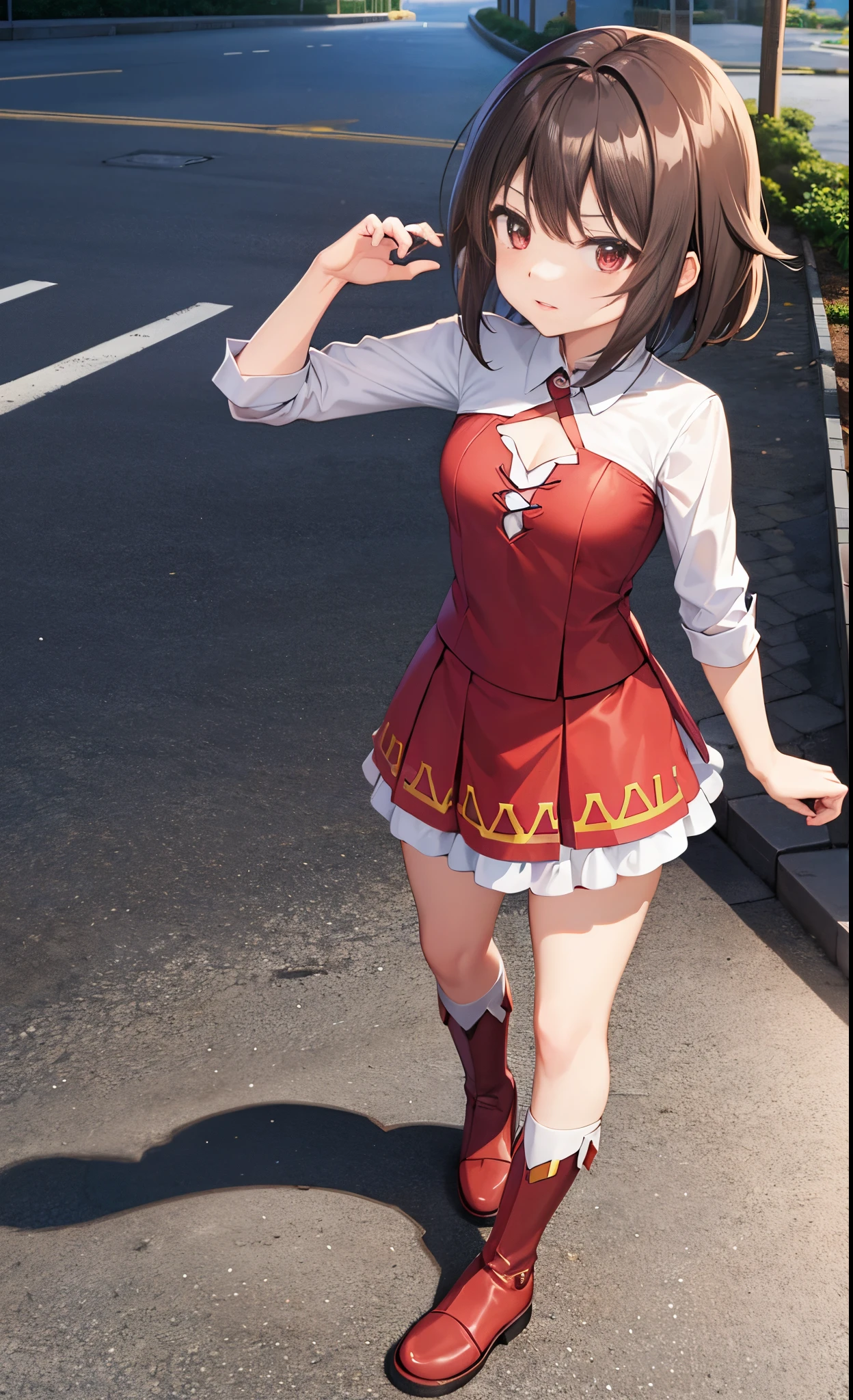 Megumin,
master part, best quality, high resolution, estilo anime,
Standing, marinheiro, red eyes, cabelos castanhos e curtos,
