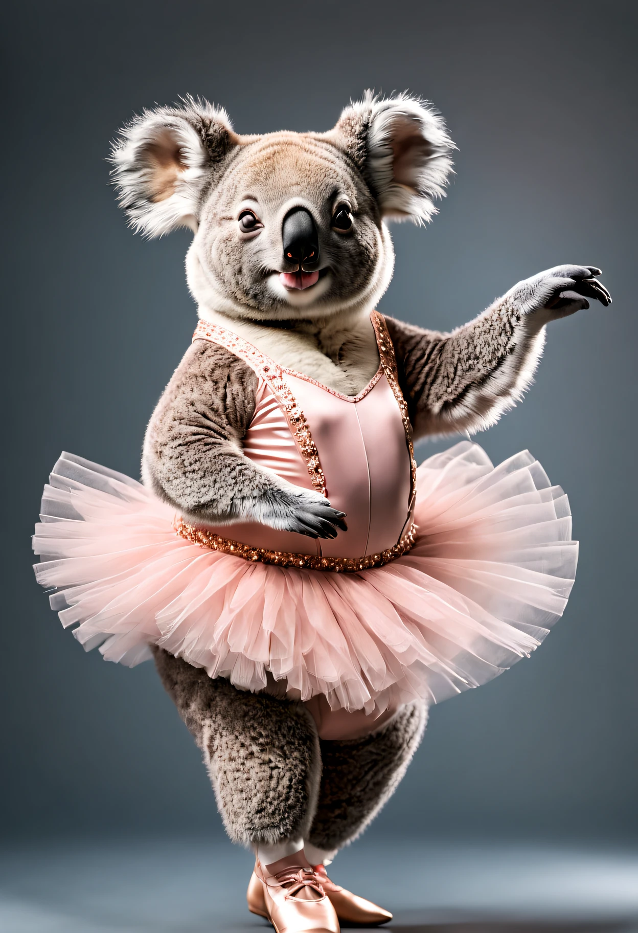 photorealistic portrait of Dressed animals - a fat koala ballet dancer,( ballet action posing), fluffy body, high quality,(lovely) ,intricate details, highly detailed ((ballet costume)) ,highly detailed tutu, pointe shoes, (happy), studio lighting,(full body image:1.5)