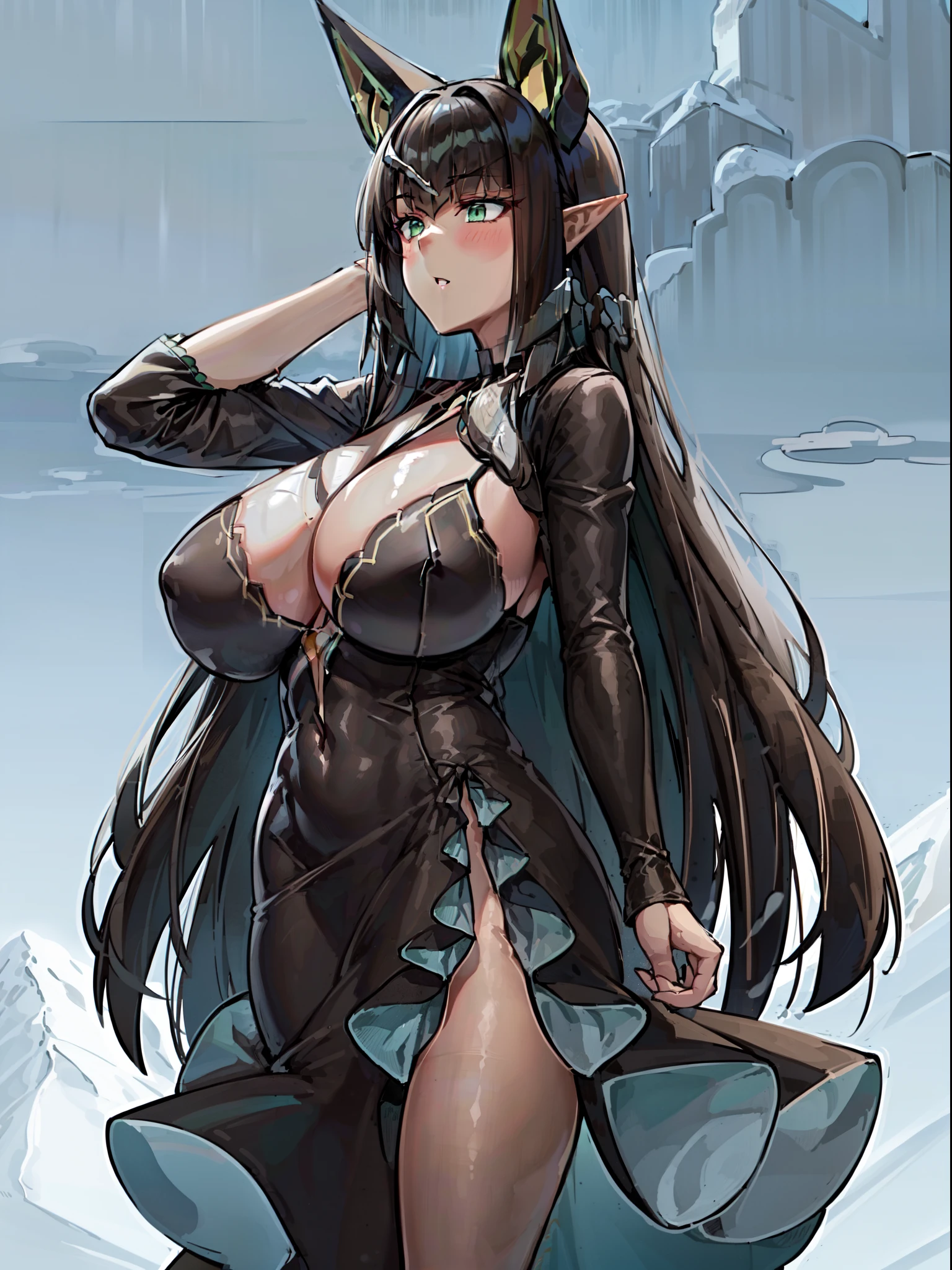 masterpiece, high quality, extremely detailed, 1girl, mature female, solo, (dark brown skin:2), sekhmet of death, (gigantic breasts), ((((black hair), long hair, green eyes, pointy ears, animal ears))), parted lips, (((shrug \(clothing\), black dress, black choker))), ((:)), closed mouth), ((arms behind head, mountain, winter, snowing, storm clouds)