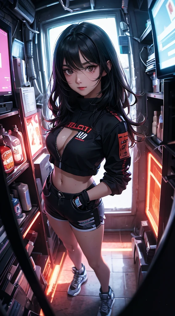 ((8k wallpaper of extremely detailed CG unit, masterpiece, hight resolution, top-quality)), (Beautuful Women, Hands in pockets:1.8, Grunge Fashion, wearing futuristic clothing:1.2, Wearing micro mini shorts:1.2, Wearing sneakers:1.1), ((extra detailed face, Highly detailed black eyes, extra detailed body, Top quality real texture skins)), (A dark-haired, hair messy, de pele branca), (building indoors, glowing neon), (high-angle:1.2, Fisheye:1.3), hyper realisitic, digitial painting,