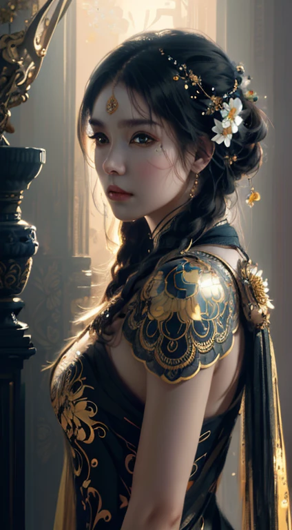 The beauty of 8K portraits, Intricate, elegant, Highly detailed, Majestic, Digital photography, Art by Artgerm and Ruan Jia and Greg Rutkowski, WLOP, and Klimt (Masterpiece, side-lighting, fine detailed beautiful eyes: floral patterns