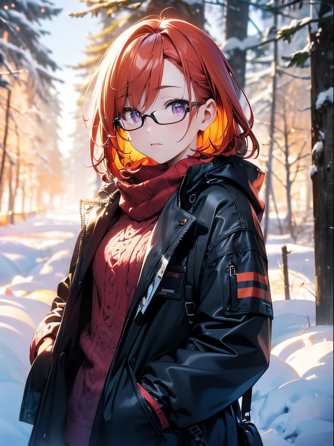 ((Reddish-purple eyes))、 Short hairstyle、Straight short、((Orange hair))、Kawaii Girl、Wearing glasses、 High quality, Highly detailed CG Unity 8k wallpaper, coniferous forest, Silence, towering conifers covering forest floor, Severe cold, Gentle beauty, Snow, Winters, Mild summer, Breeze, conifer, Branches, Bokeh, depth of fields, nffsw, bloom, chromatic abberation, Photorealistic, Extremely detailed, Popular on ArtStation, popular on CGSociety, with an intricate, high detailing, Dramatic, Art Midway