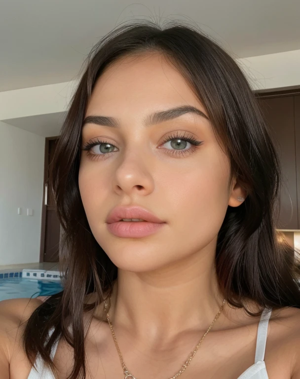 Arafed Mujer totalmente ,  con ojos azules, ultra realista, meticulosamente detallado, Retrato Sophie Mudd, cabello rubio y ojos grandes, selfie de una mujer joven, Ojos del dormitorio, Violeta Myers, sin maquillaje, Maquillaje natural, staring directly into camera, cara con artgram, maquillaje sutil, Impresionante foto de cuerpo completo arrodillado en la cama, En la piscina del hotel, Medium to large size bust; ; ;desnudo, pezones que muestran, Senos medianos a grandes expuestos, Parte inferior afeitada,