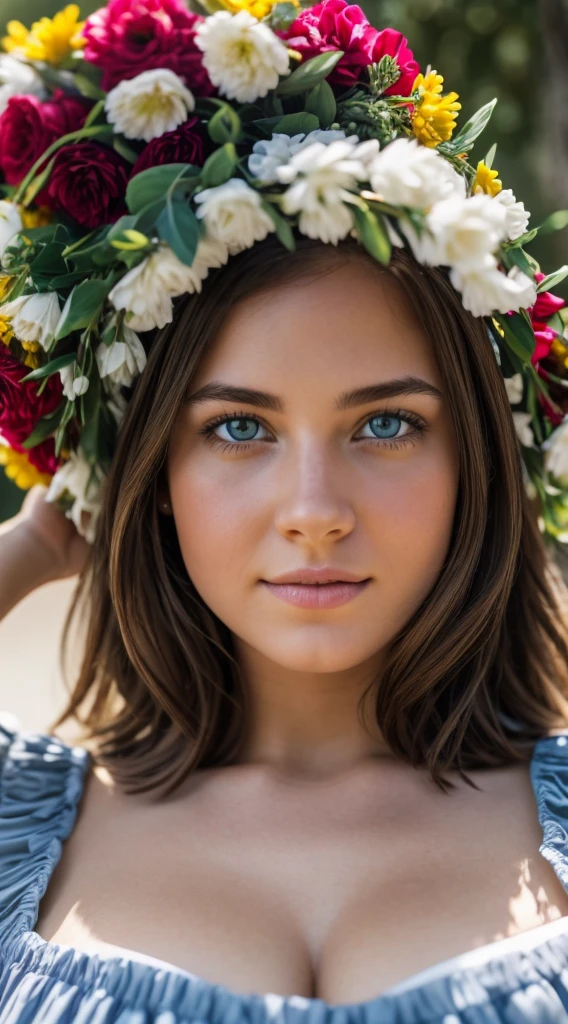 Close-up shot, 55mm canon lens, volumetric lighting, Fujifilm XT3 lens, upper body portrait, a young white woman, light skin, blue eyes, muscular, big breasts, happy facial expression, 18 years old, light brown hair, short hair, wreath on head, wearing colorful victorian dress, ((underboob)), Italian palace in the background, midday, high resolution image, detailed texture, realistic depth of field.