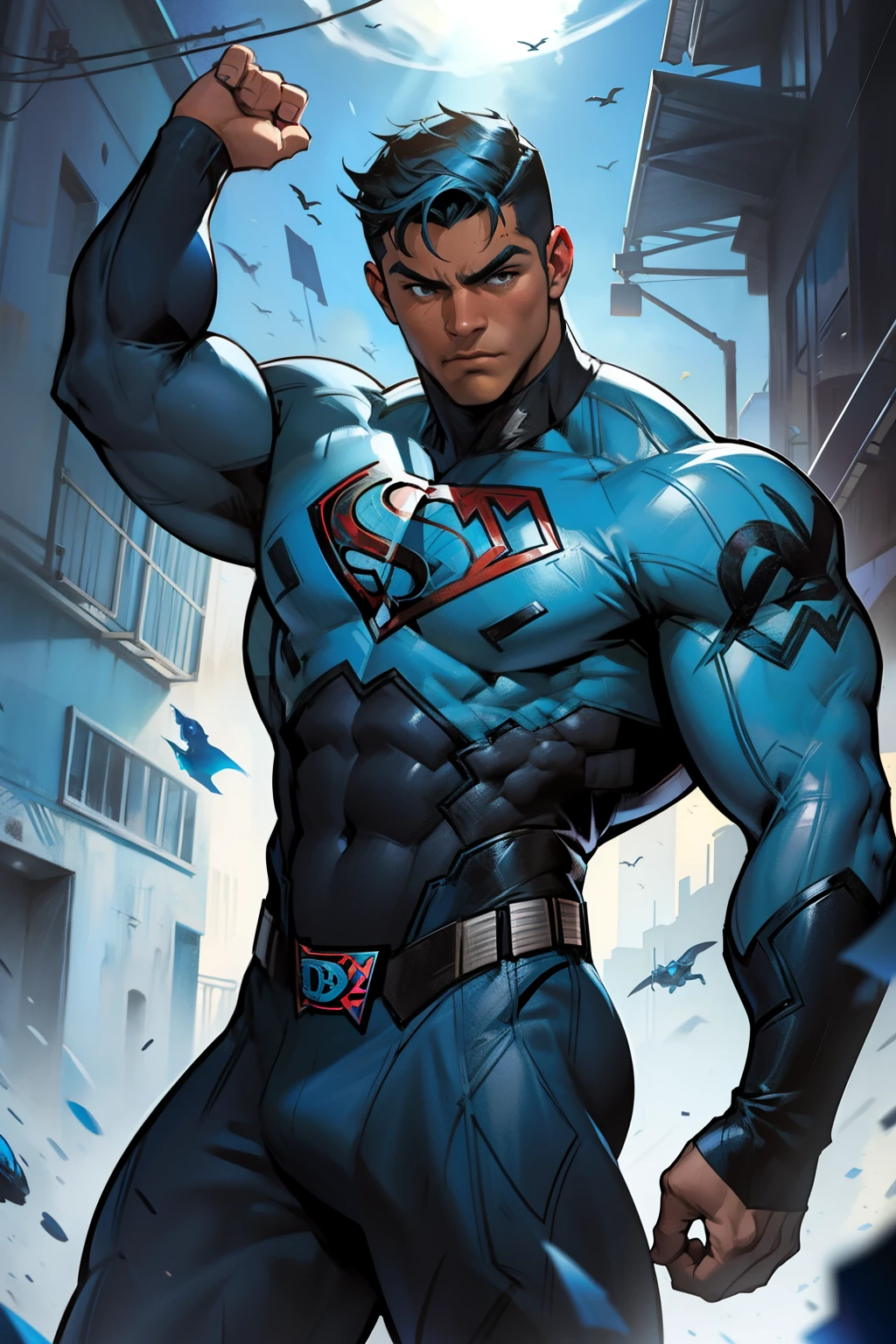a (younscular mexican hero with blue bettle suit ((DC Comics))