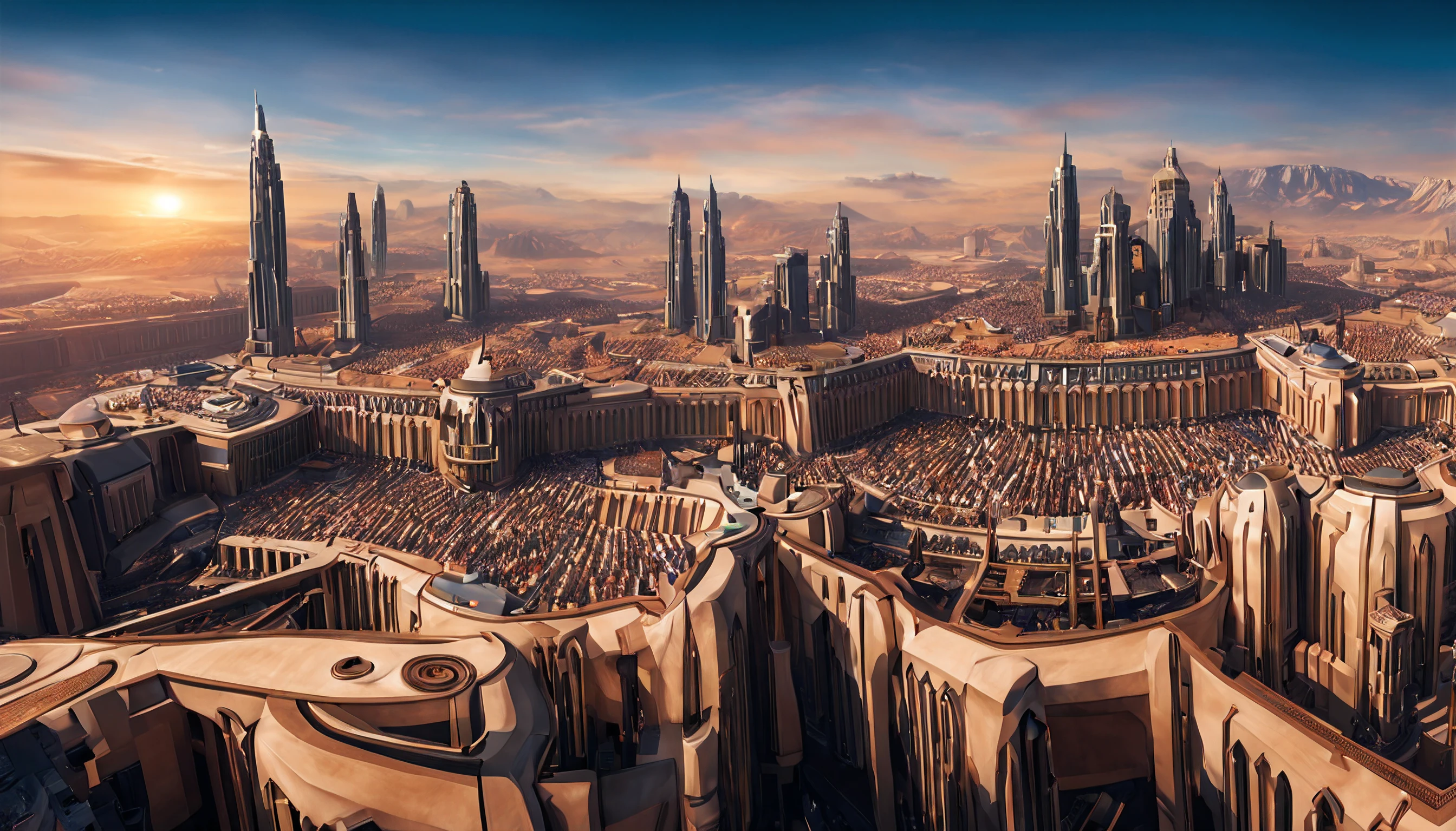 there is a realistic photo of a fantasy city, invadiendo Mandalore, Escenario de Star Wars, Detailed panoramic view, Plano amplio detallado