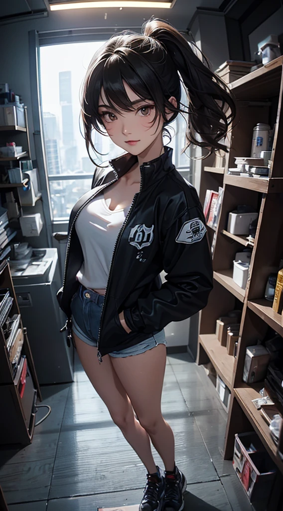 ((8k wallpaper of extremely detailed CG unit, masterpiece, hight resolution, top-quality)), (Beautuful Women, Hands in pockets:1.8, Grunge Fashion, wearing futuristic clothing:1.2, Wearing micro mini shorts:1.2, Wearing sneakers:1.1), ((extra detailed face, Highly detailed black eyes, extra detailed body, Top quality real texture skins)), (A dark-haired, hair messy, de pele branca), (building indoors, glowing neon), (high-angle:1.2, Fisheye:1.3), hyper realisitic, digitial painting,