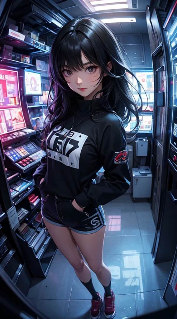 ((8k wallpaper of extremely detailed CG unit, masterpiece, hight resolution, top-quality)), (Beautuful Women, Hands in pockets:1.8, Grunge Fashion, wearing futuristic clothing:1.2, Wearing micro mini shorts:1.2, Wearing sneakers:1.1), ((extra detailed face, Highly detailed black eyes, extra detailed body, Top quality real texture skins)), (A dark-haired, hair messy, de pele branca), (building indoors, glowing neon), (high-angle:1.2, Fisheye:1.3), hyper realisitic, digitial painting,