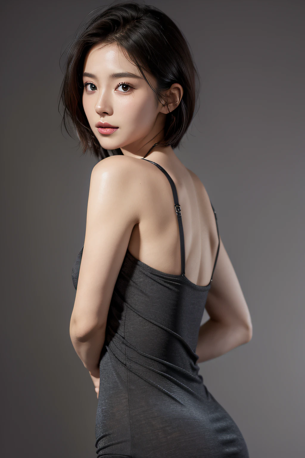 Skin Tight Black Top:1.2, Looking at Viewer, Cinematic lighting, Perfect, softlight, High resolution skin:1.2, Realistic skin texture, 30 years old mature woman、a small face、no-makeup、, off shoulders,Bust B Cup、 Exposed cleavage, Red Eyes, Short hair, dark brown hair、fullnude、Gray background、
