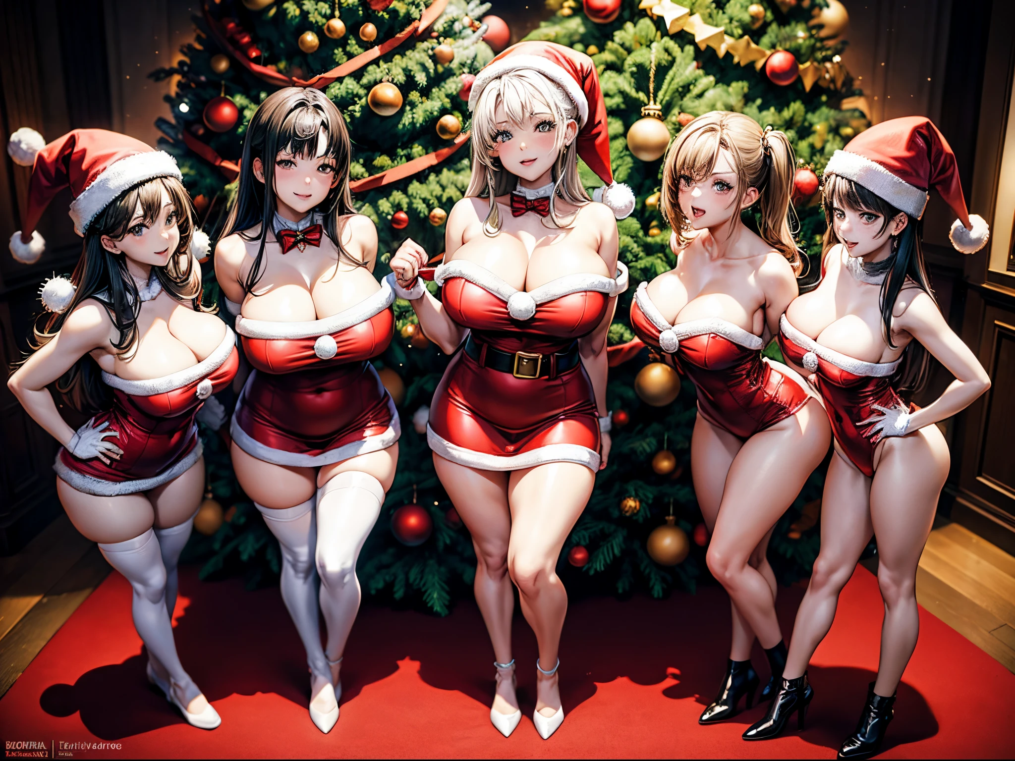 (a group of skinny girls in a Santa outfits, curvy bodies ,posing in front of a Christmas tree, furry art ,full body:1.5, large breasts)