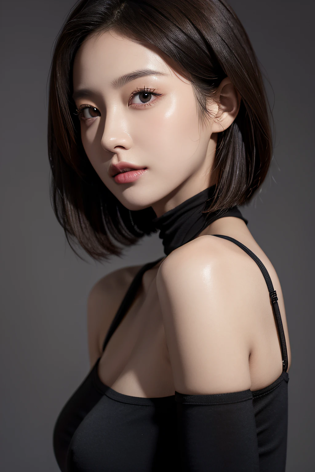 Skin Tight Black Top:1.2, Looking at Viewer, Cinematic lighting, Perfect, softlight, High resolution skin:1.2, Realistic skin texture, 30 years old mature woman、a small face、no-makeup、, off shoulders,Bust B Cup、 Exposed cleavage, Red Eyes, Short hair, dark brown  hair、fullnude、Gray background、