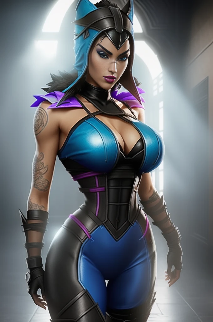 ((kitana from mortal kombat series))(she has big glowing blue eyes)(red lips) (long straight black hair)((very huge breasts)) (perfect slim body) (she wears blue and black outfit, blue mask, long blue gloves long blue stockings) (hold on hand 2 metal fan) (she  inside a dark and goomy temple) (high definition, volumetric lights and dinamic shadowasterpiece))(8k)(perfect face)(ultra details) (perfect hands, eyes, and face)