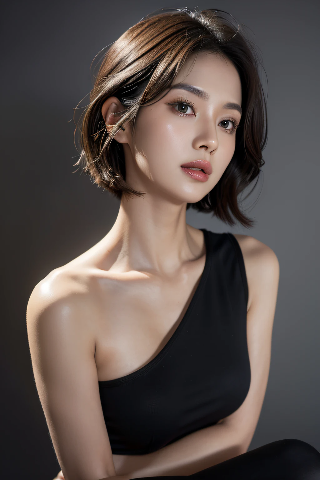Skin Tight Black Top:1.2, Looking at Viewer, Cinematic lighting, Perfect, softlight, High resolution skin:1.2, Realistic skin texture, 30 years old mature woman、a small face、no-makeup、, off shoulders,Bust B Cup、 Exposed cleavage, Red Eyes, Short hair, dark brown hair、fullnude、Gray background、
