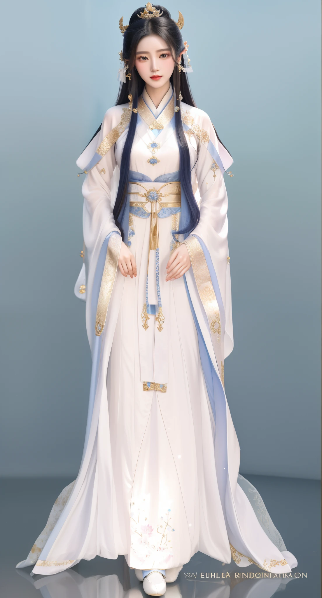 Real Human，photorealestic，Fine fine skin，exquisite facial features，a close up of a woman in a dress with long hair, full body xianxia, white hanfu, Wear your dreamy formal attire, flowing magic robe, beautiful fantasy queen beautiful fantasy queen)), heise jinyao, beautiful and elegant elf queen, 宮 ， A girl in Hanfu, gilded lotus princess, ethereal essence, Imperial royal elegant clothing