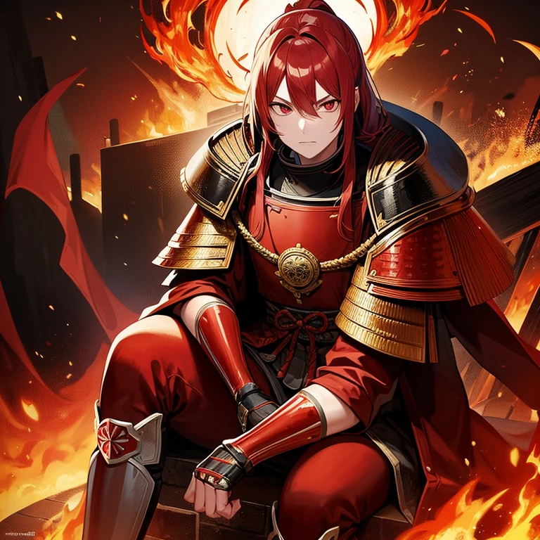A old samurai with red hair and red eyes red armor sitting down on a throne made of fire looking menacingly